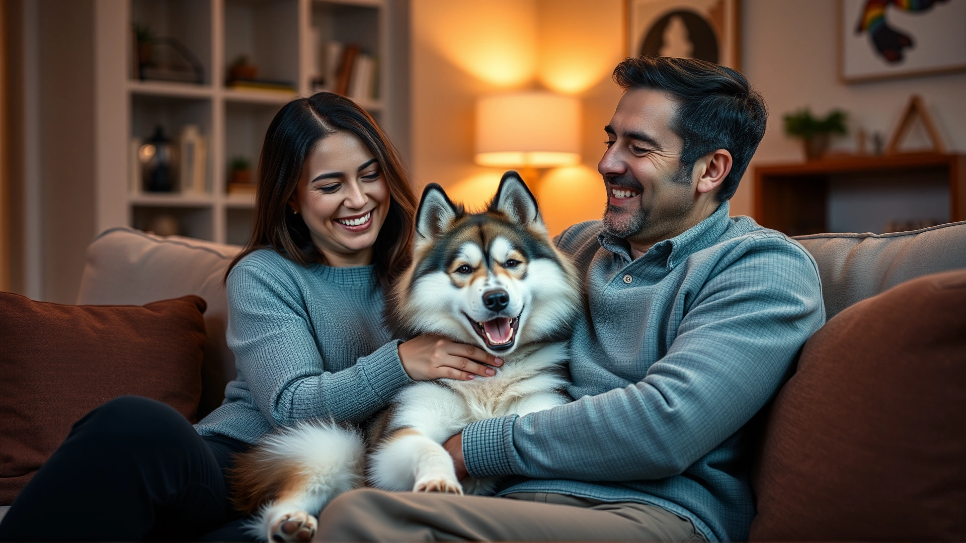 Smiling family of two adults and a child sitting on a living-room couch cuddling a Pomsky, warm indoor lighting
