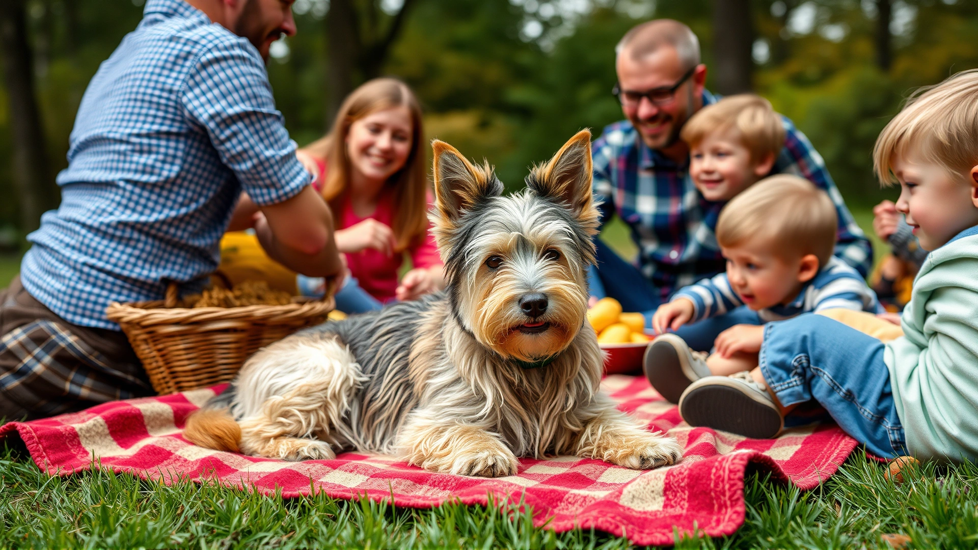 Outdoor family picnic with a Glen of Imaal Terrier lying contentedly on a blanket among adults and children