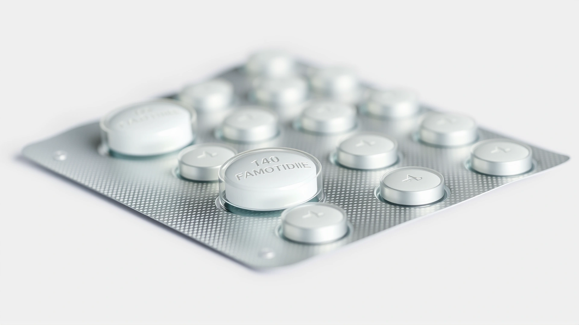 Close-up shot of famotidine tablets in a blister pack on a white background, no text visible.