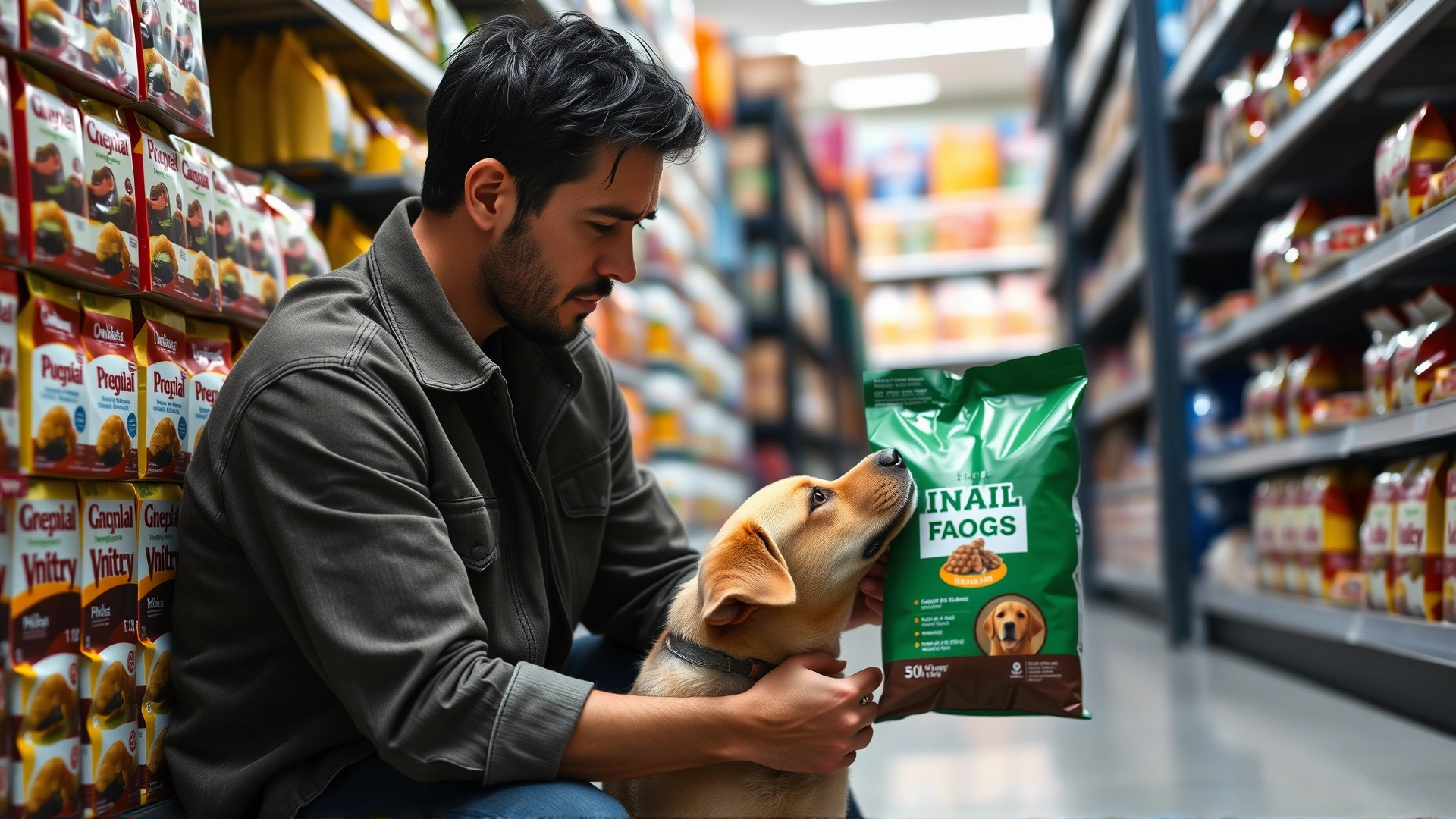 Concerned dog owner kneeling in a pet store aisle reading an unlabeled dog food bag, shelves of generic pet food in background, no text