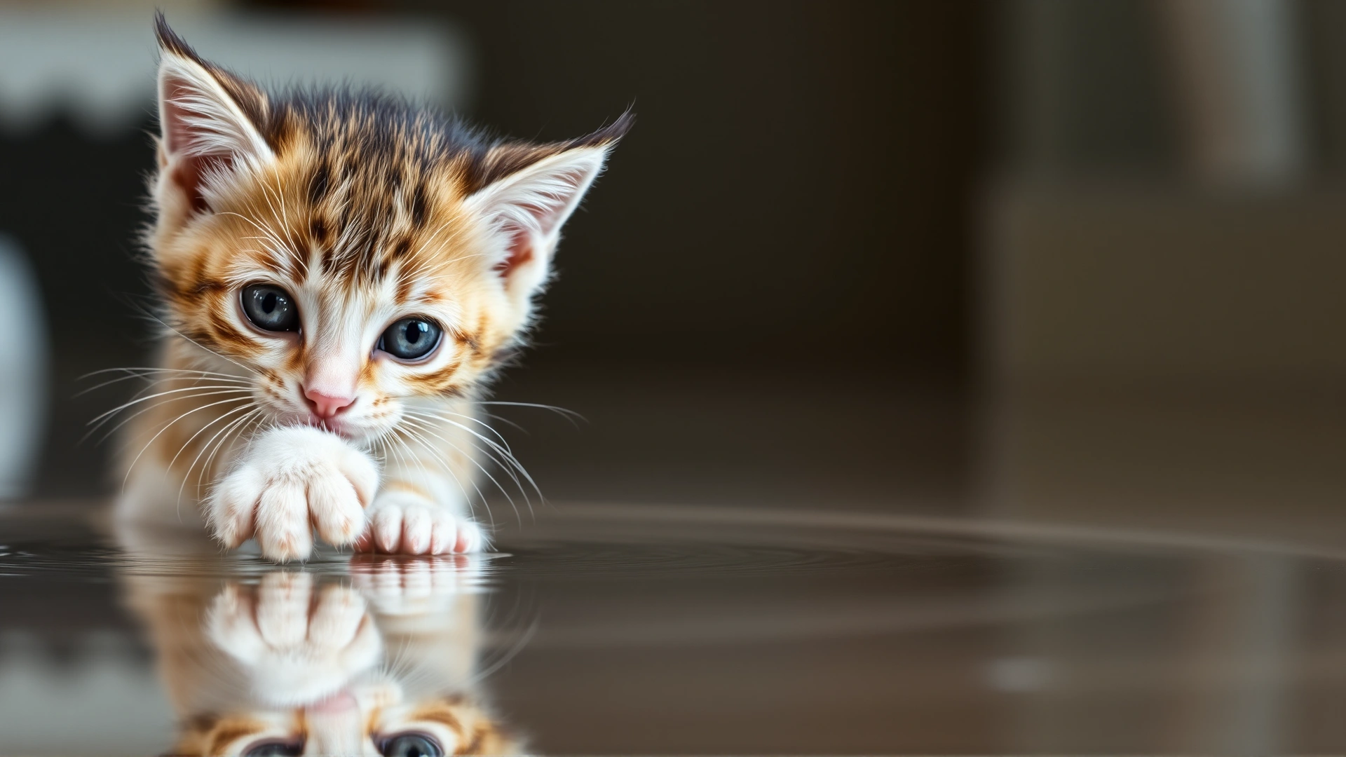 Cute kitten curiously tapping its paw on the surface of a shallow water bowl with reflection, questioning look.