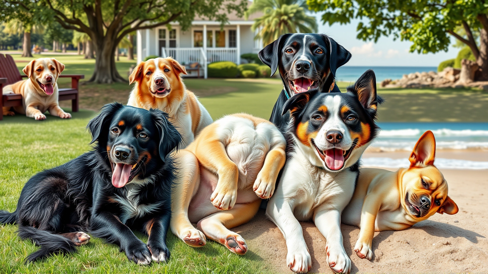 Collage-style image of different dog breeds enjoying belly rubs in various settings (park, home, beach)