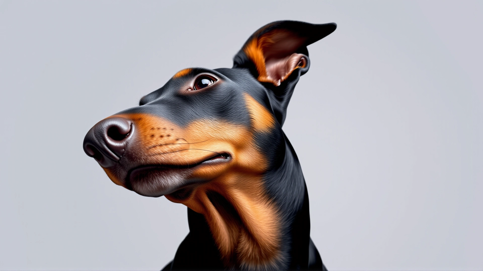Doberman Pinscher tilting its head playfully against a neutral studio backdrop, conveying curiosity.