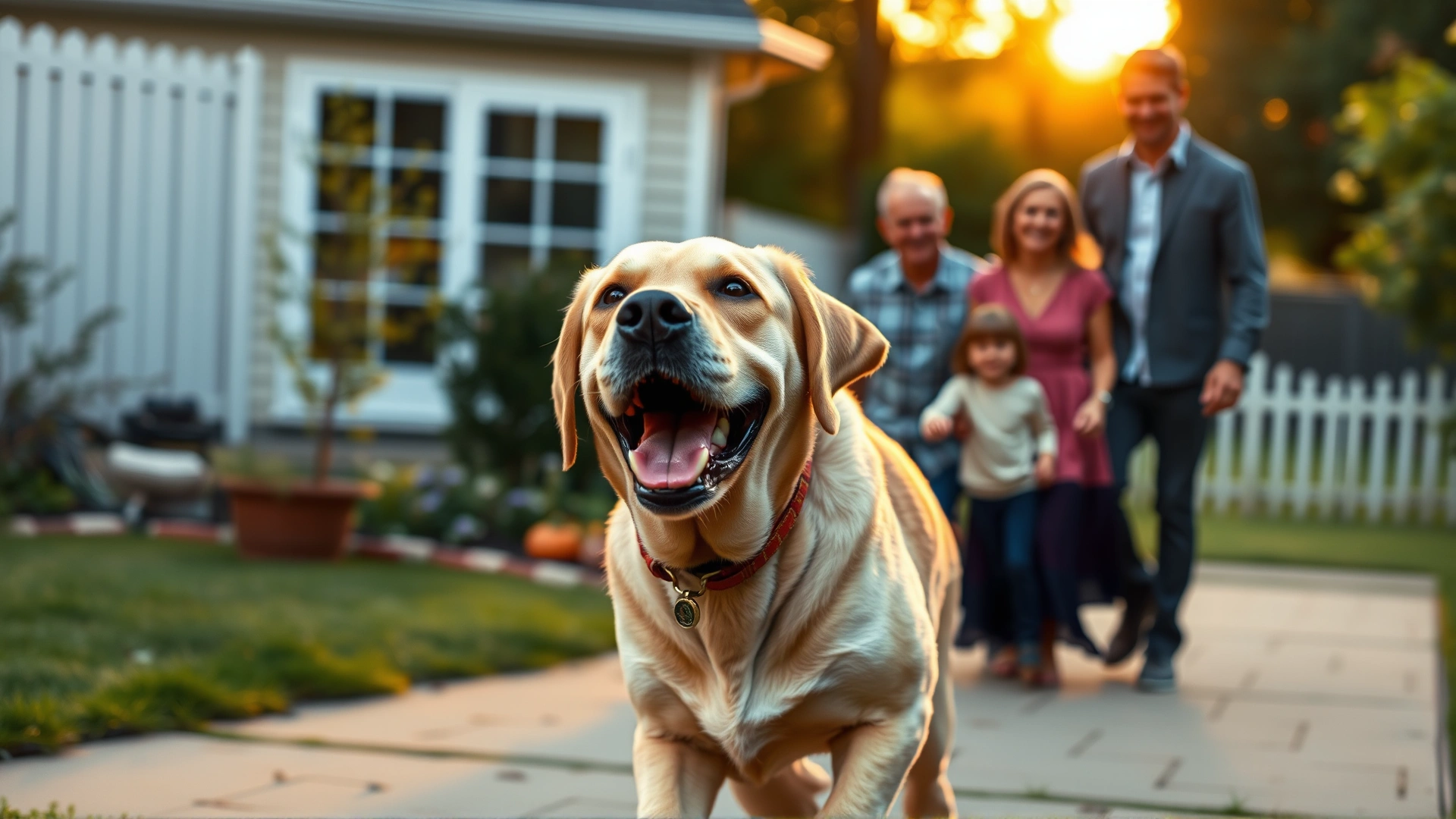 Older Labrador Retriever joyfully running toward a family in a suburban backyard, golden hour lighting, symbolizing post-presidency life.