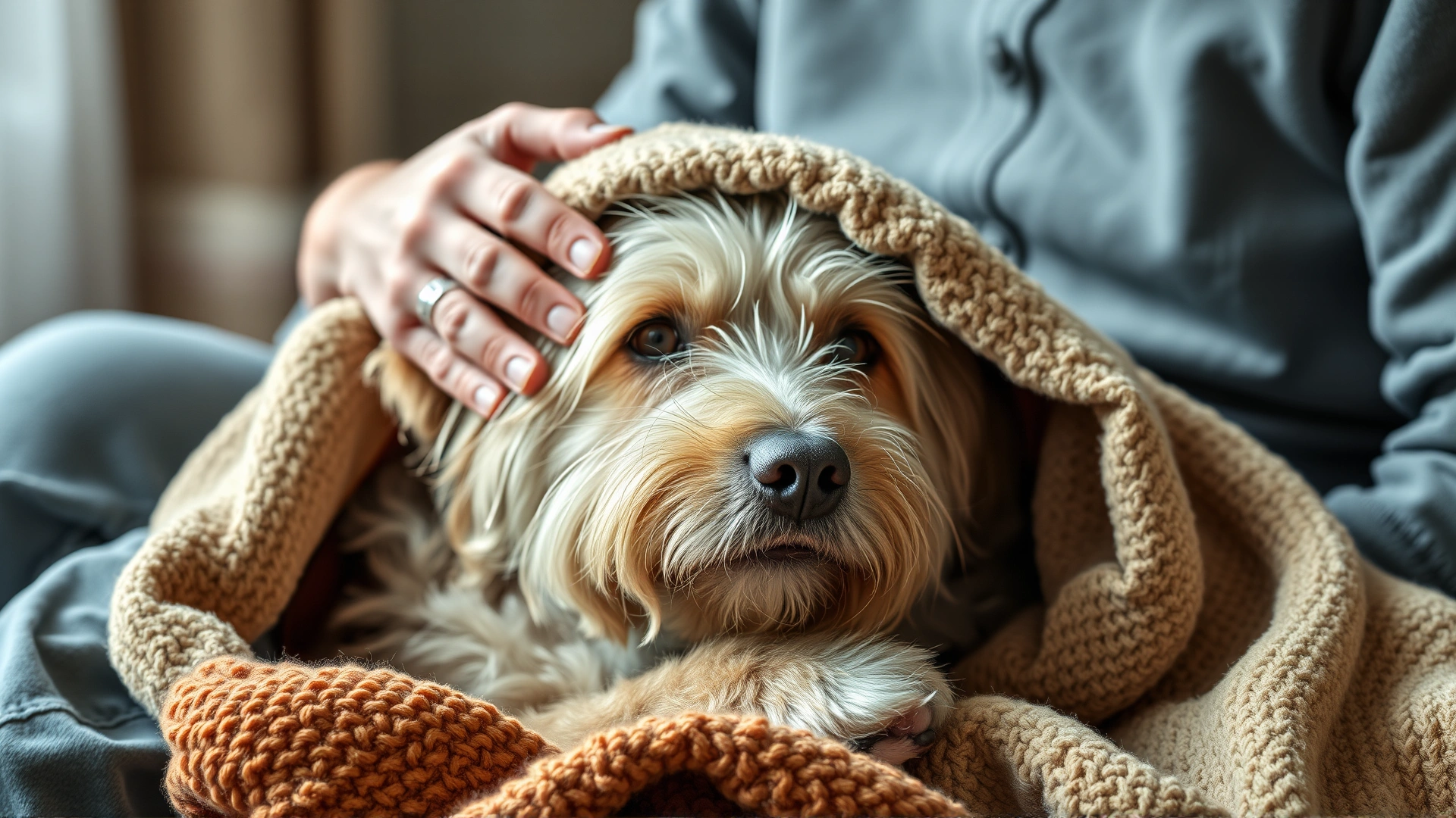 An owner sitting beside an elderly dog wrapped in a warm blanket on its final day, gently petting and comforting it.