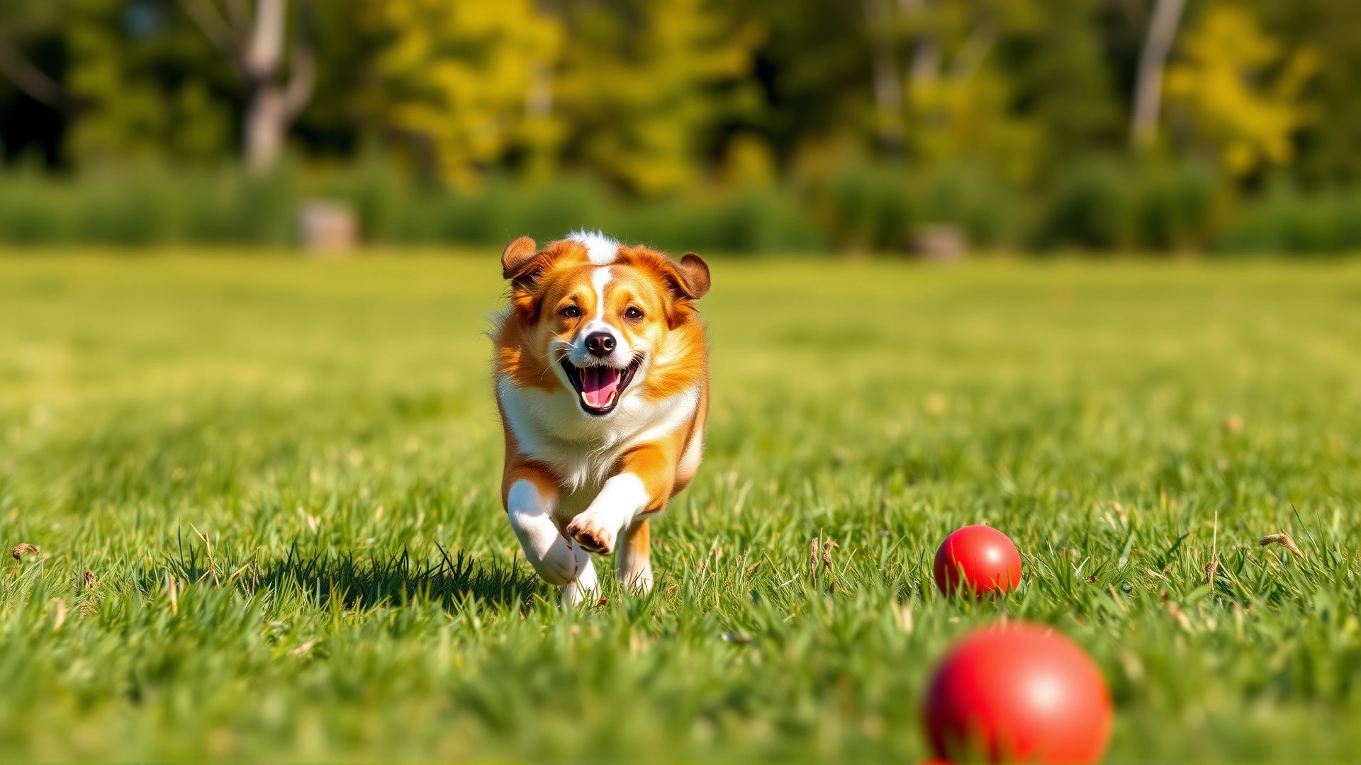 Danish-Swedish Farmdog sprinting across a grassy field chasing a bright red ball, motion blur, sunny day.