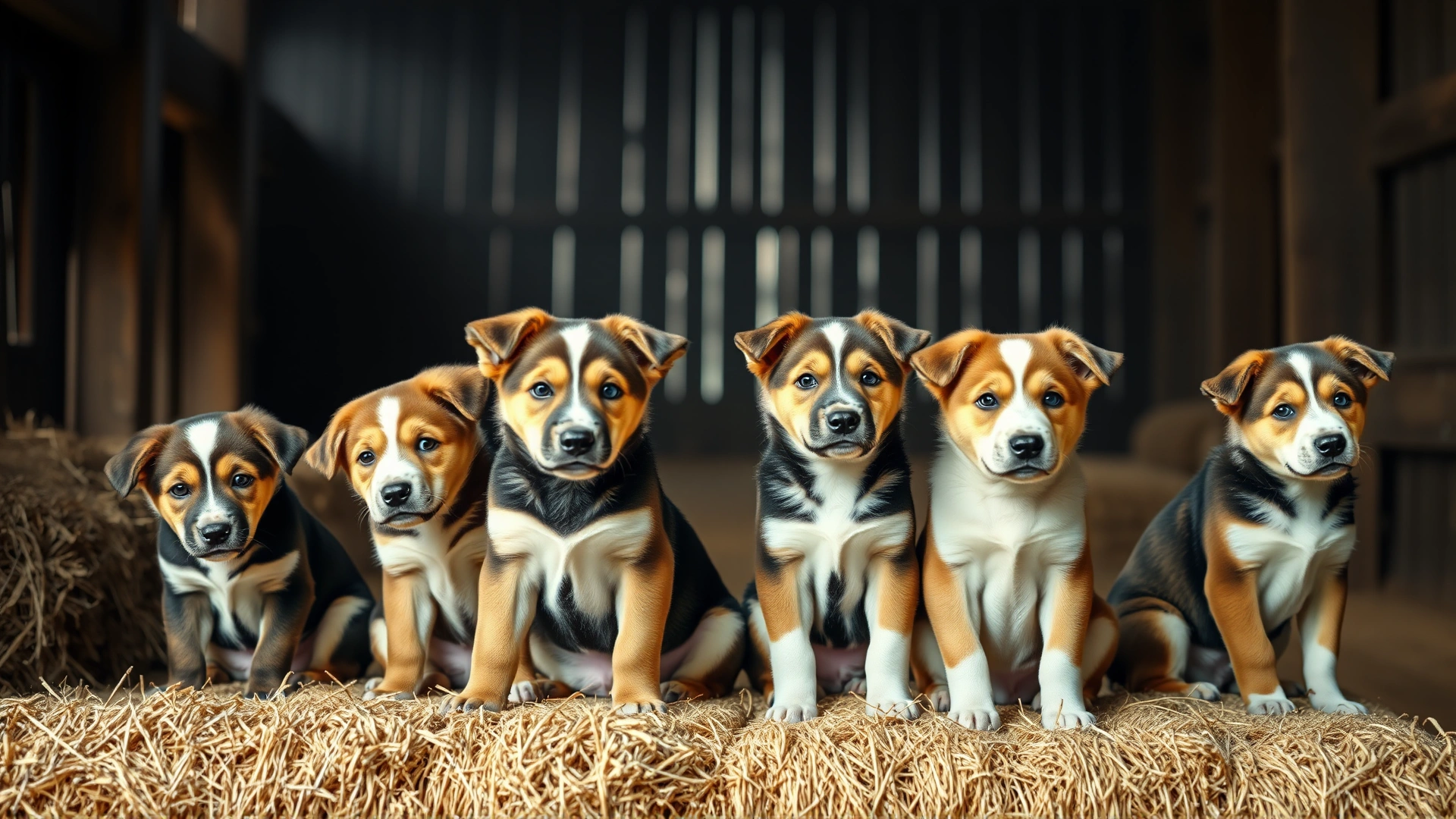 Several Danish-Swedish Farmdog puppies sitting on hay bales inside a rustic barn, curious expressions, soft diffused light.