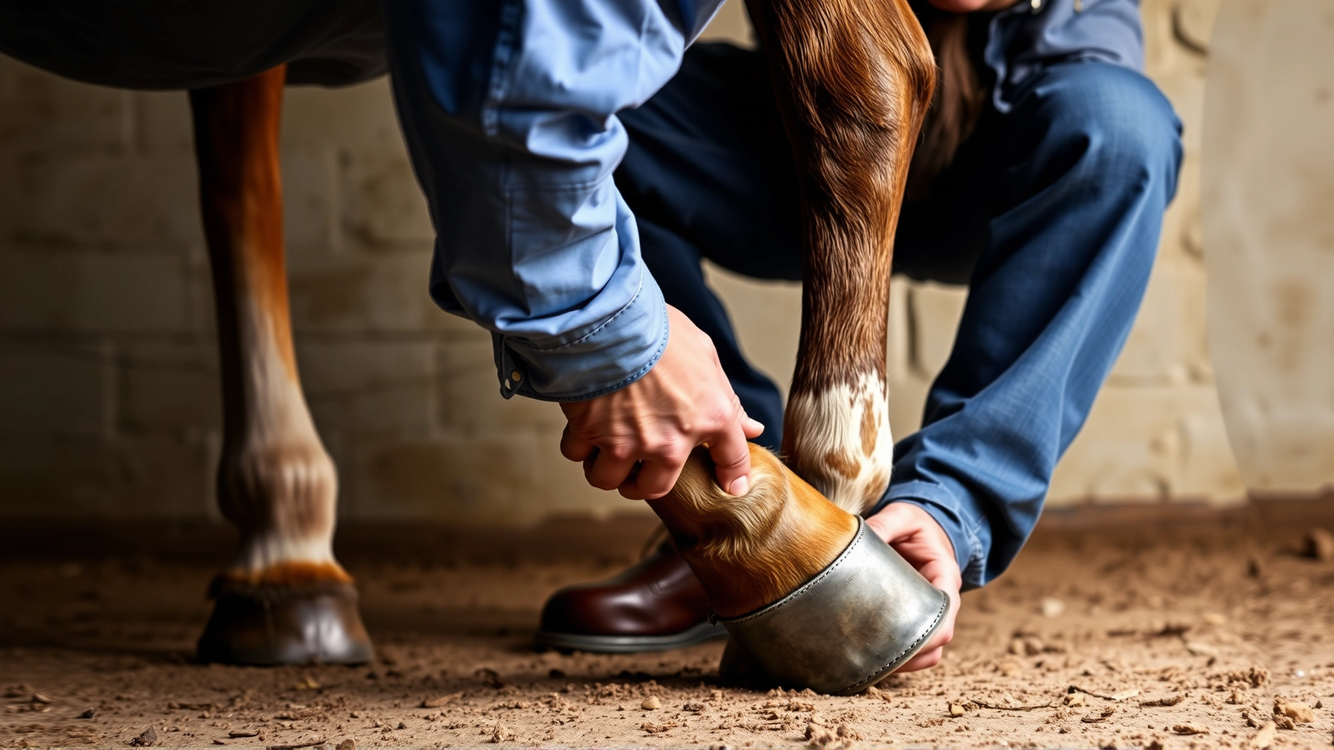 Farrier trimming the hind hoof of a calm horse with the leg kept low to the ground, showing safe hoof care techniques for Shivers cases; stable background, no text