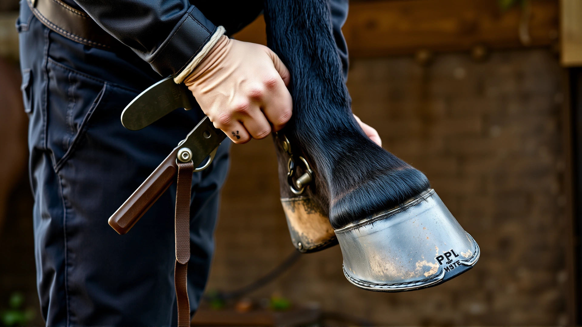 Professional farrier safely holding a horse hoof while trimming, illustrating proper leg handling