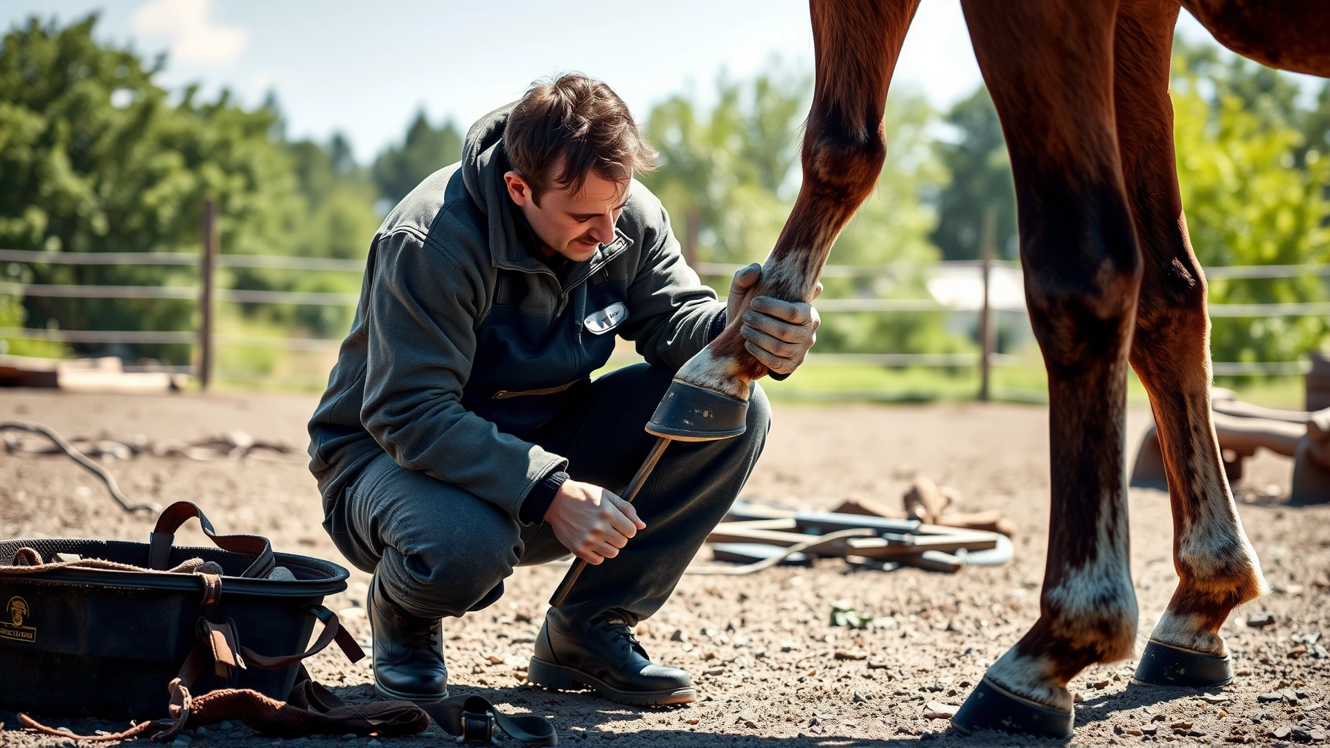 A professional farrier crouching and carefully shoeing a horse's hoof outdoors on a sunny day.