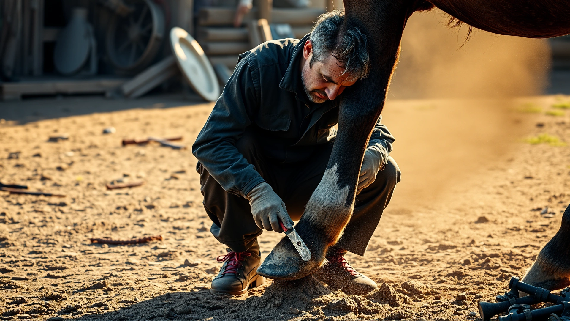 Farrier crouched next to a horse, trimming the hoof with rasp, dust particles in sunlight
