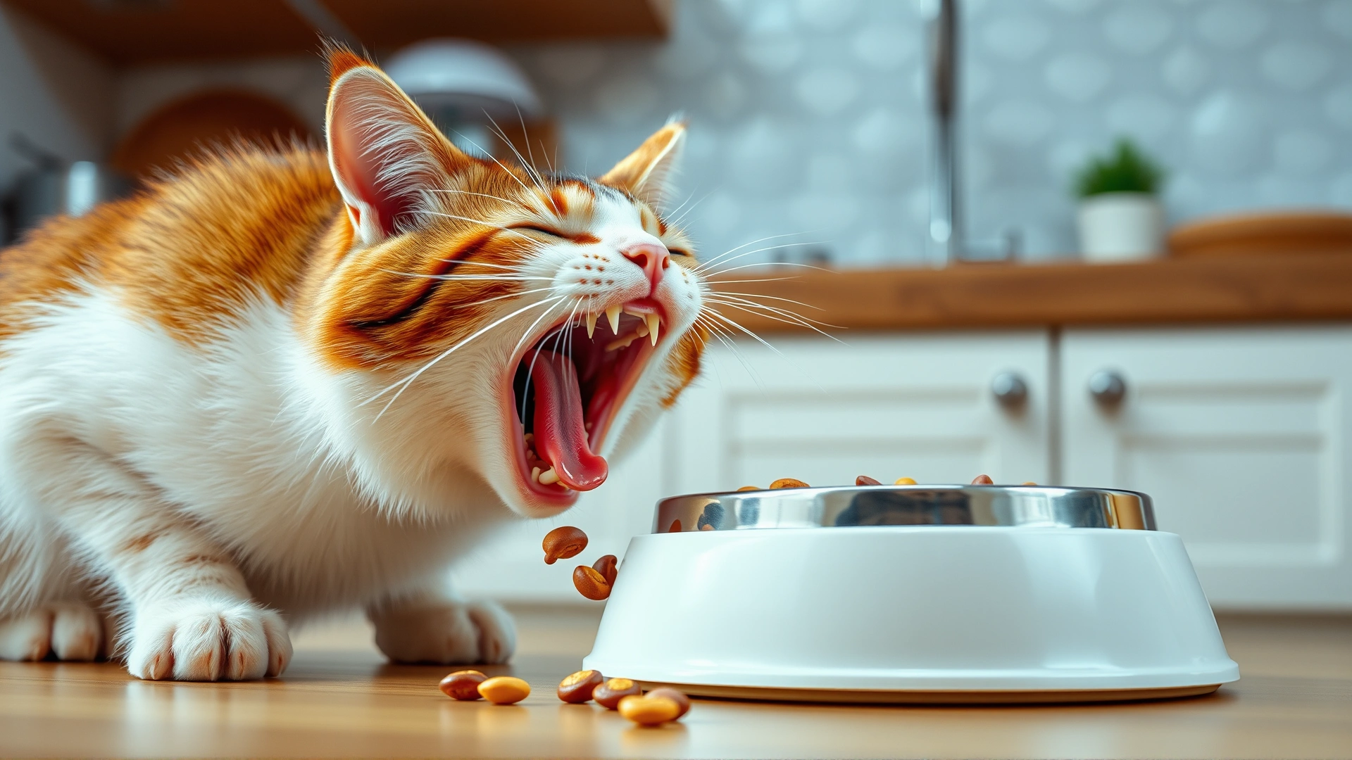 High-speed capture of a hungry cat eating kibble rapidly from a slow-feeder bowl, kitchen setting