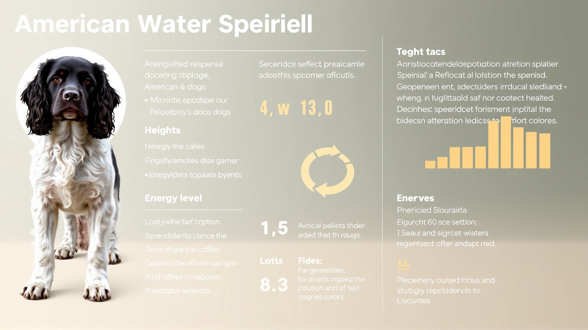 Infographic style layout summarizing key American Water Spaniel facts such as weight, height, lifespan, colors and energy level on a clean light background.