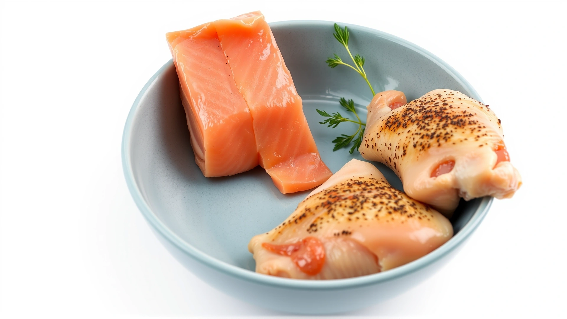 Bowl containing salmon fillets and chicken thighs with visible fat marbling, photographed on a neutral background to highlight essential fatty acids.