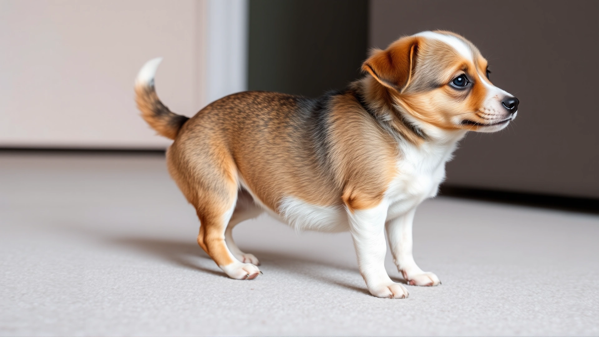 Photo of a small mixed-breed dog with tail tucked and body crouched, ears flattened back, indoors on a neutral background.
