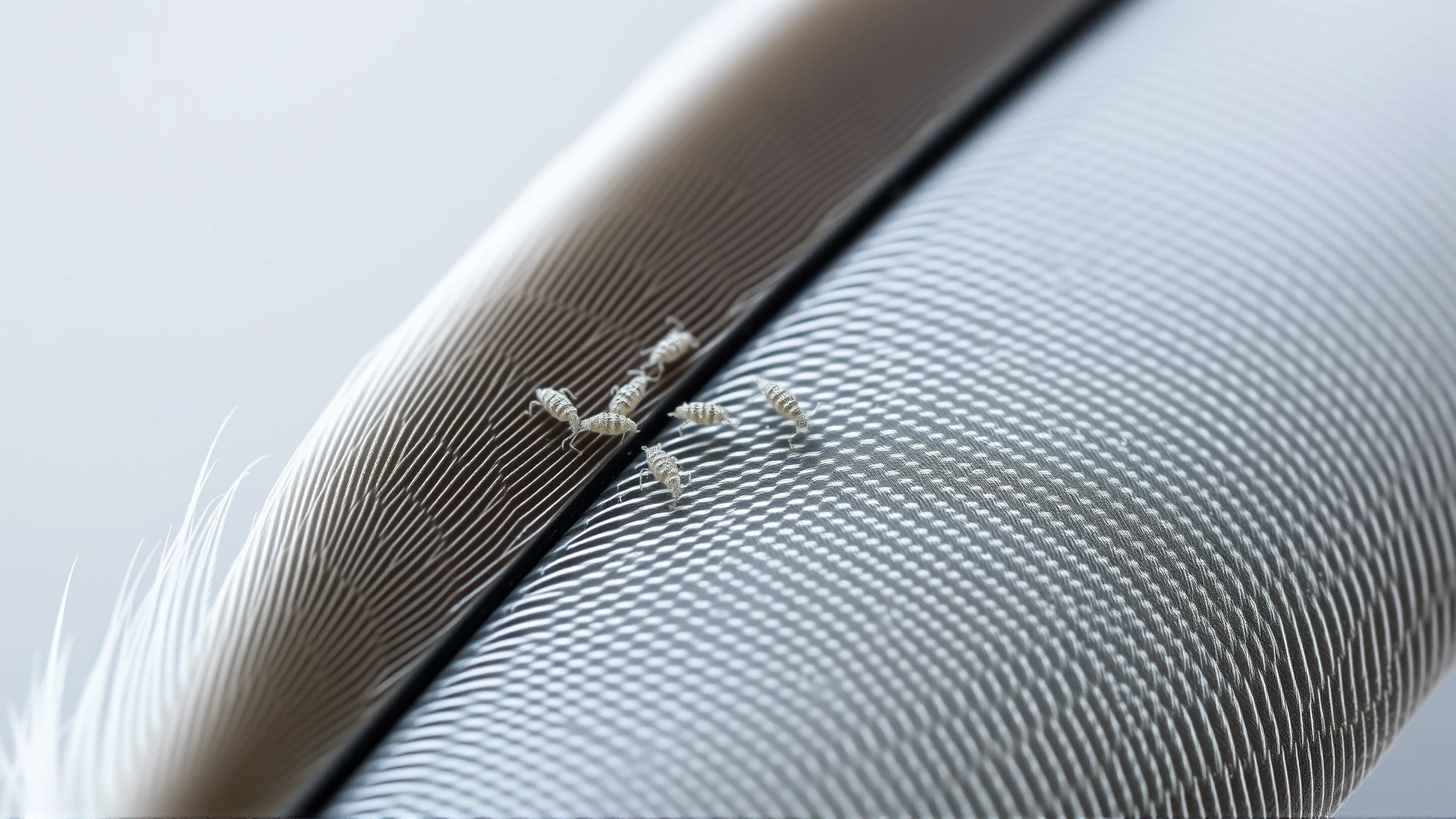 Extreme macro shot of a bird feather with several tiny feather mites visible between the barbs, neutral background, high detail