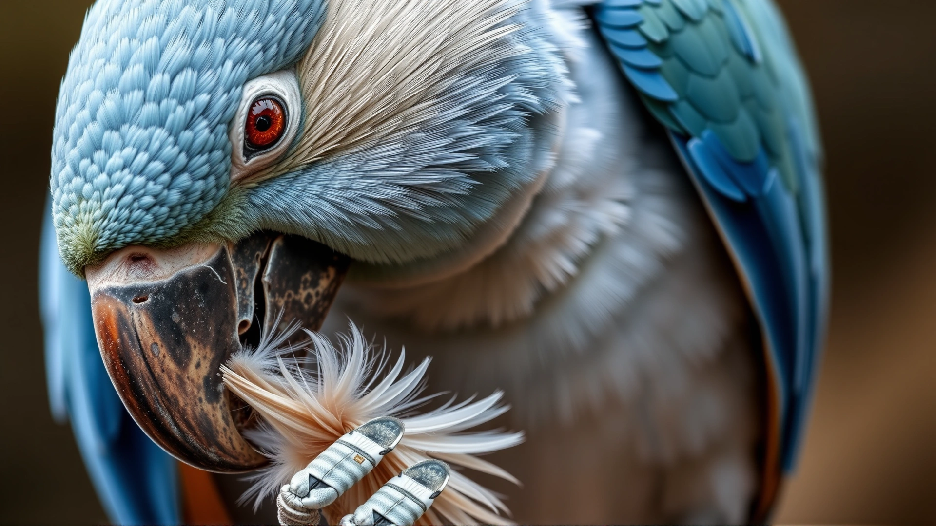 A parrot caught mid-action gently pulling one of its chest feathers, focus on the beak and feather for clear illustration of feather plucking behavior.