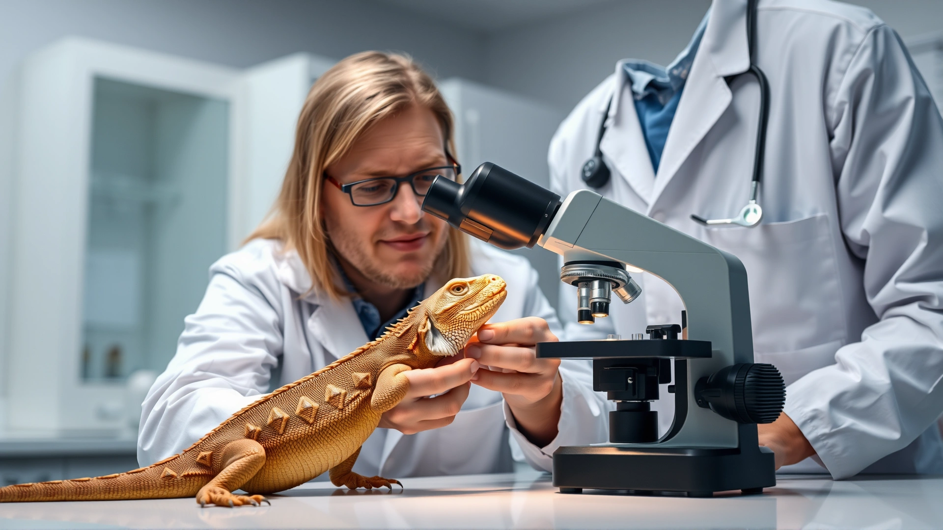 Veterinarian in lab coat examining a reptile fecal sample under a microscope in a clinic lab.