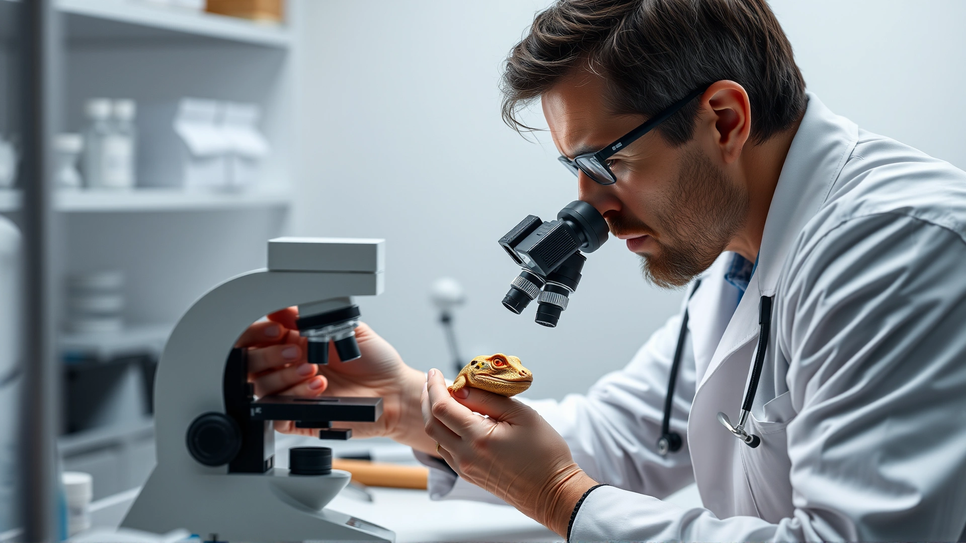 Veterinarian examining a reptile fecal sample under a microscope in a modern lab setting.