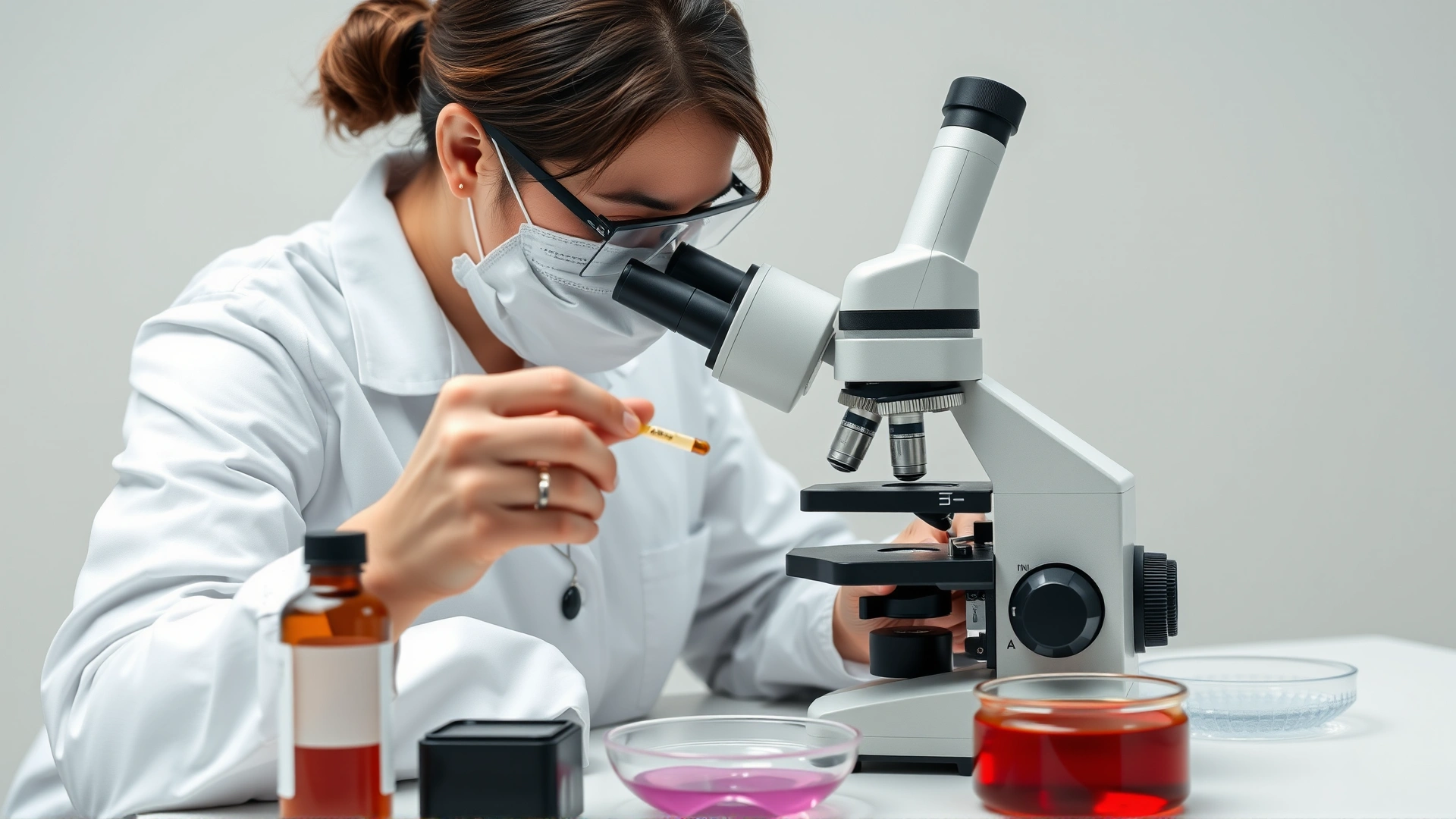 Lab technician examining a fecal sample under a microscope with vials and petri dishes on the table, neutral background