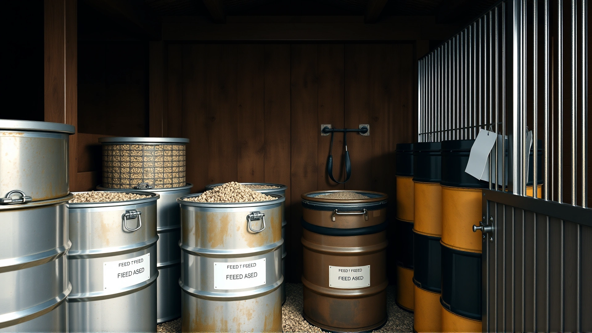 A tidy feed room with labeled metal bins and sealed barrels storing horse feed safely.