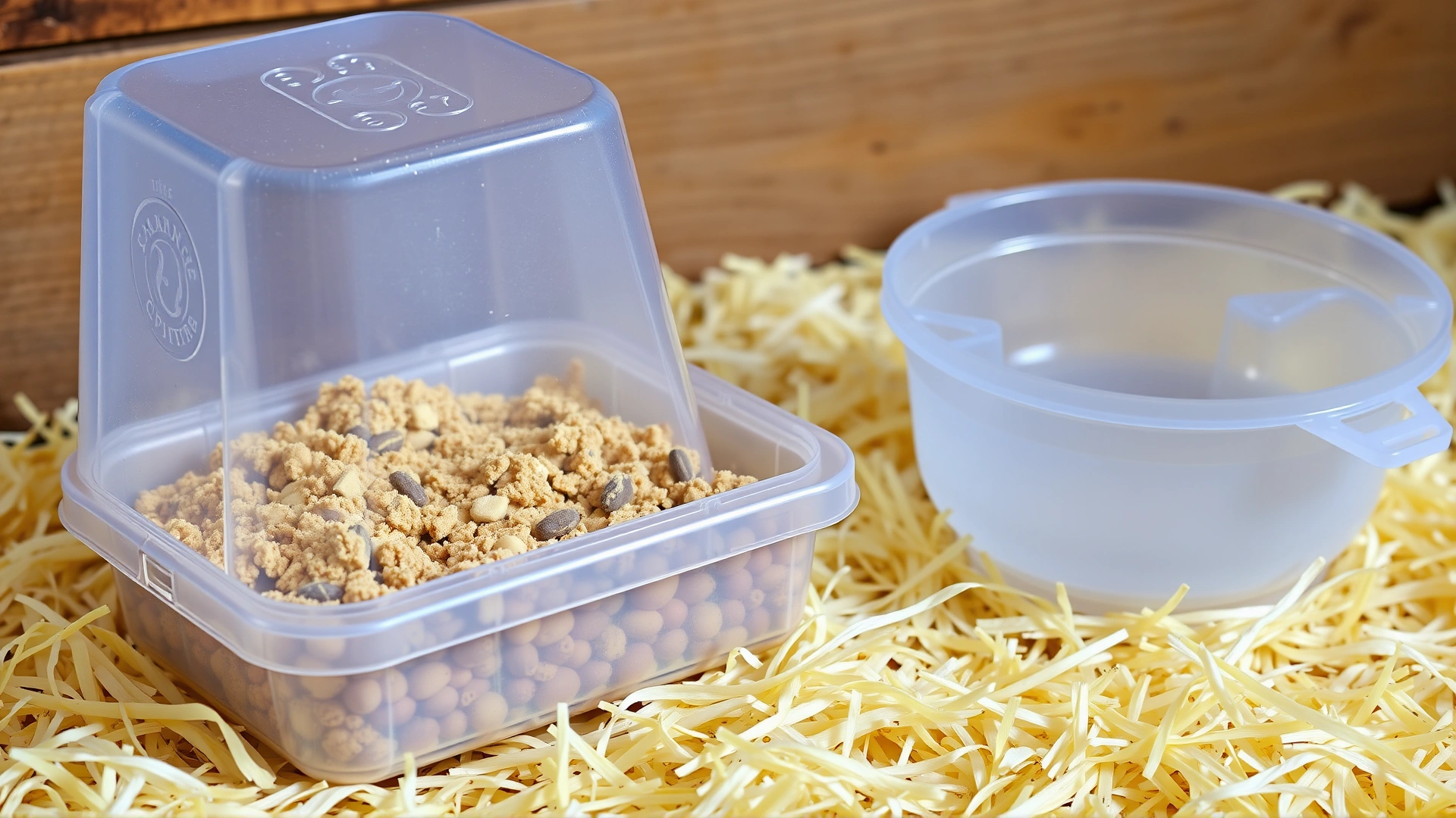 Plastic chick feeder filled with starter crumble next to a shallow chick waterer, both placed on fresh bedding