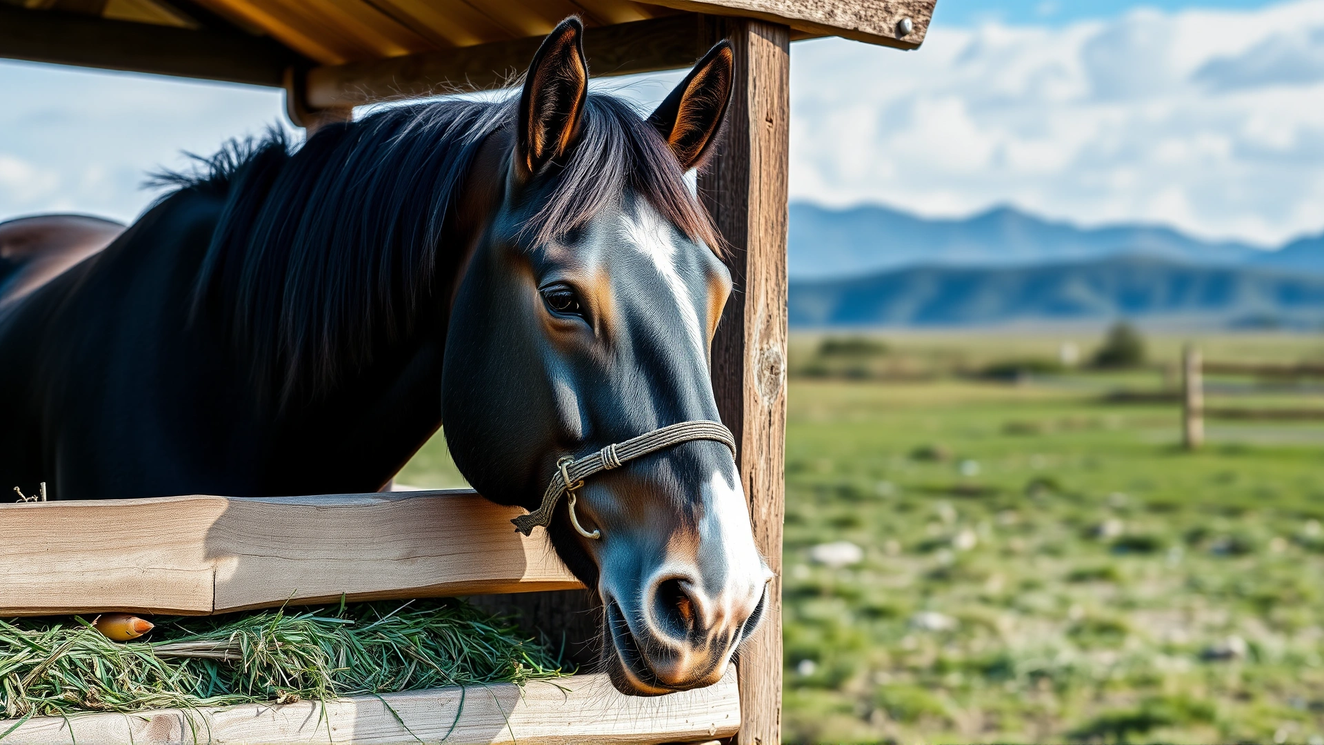 Karabakh horse eating fresh hay from a wooden trough in an open paddock with distant mountains.