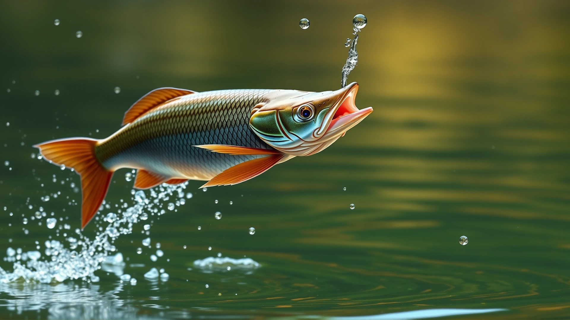 Dynamic shot of an Arowana leaping slightly toward the water surface to snap up floating food, water droplets frozen mid-air to show action.