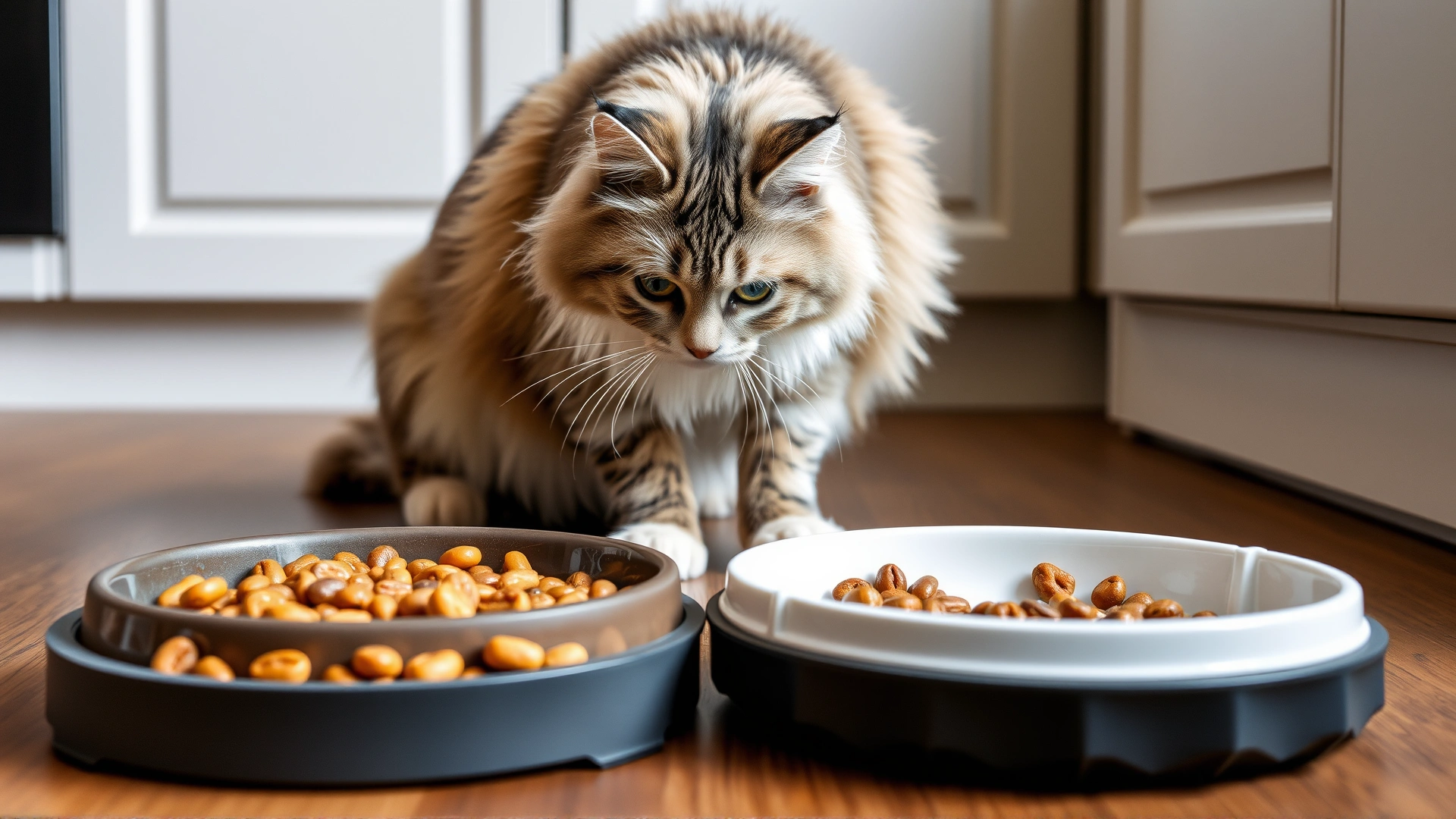 High-quality dry and wet cat food bowls arranged neatly on a kitchen floor, Turkish Angora cat sniffing the food with interest.