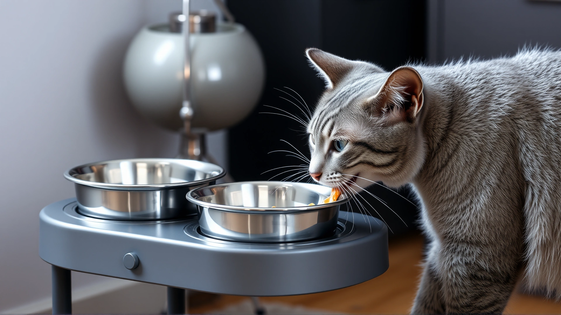 Elevated feeding station with stainless-steel bowls and a gray senior cat eating