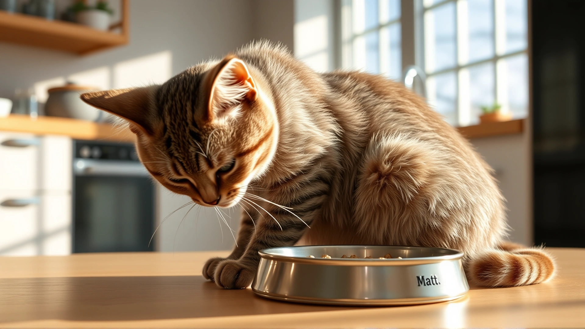 Adult Selkirk Rex cat eating from a stainless-steel bowl in a modern kitchen setting, morning light