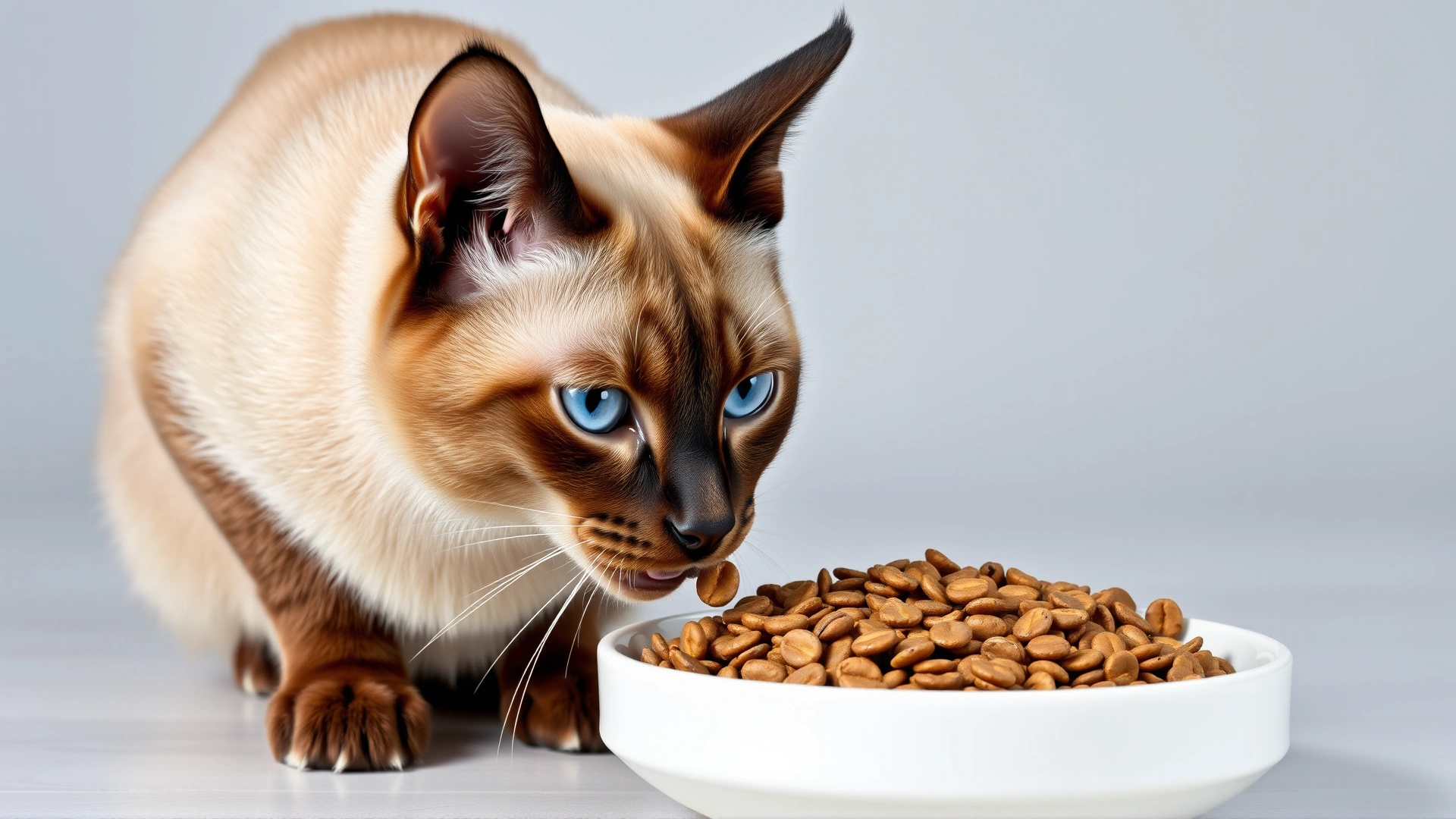 Siamese cat eating high-quality dry food from a clean ceramic bowl