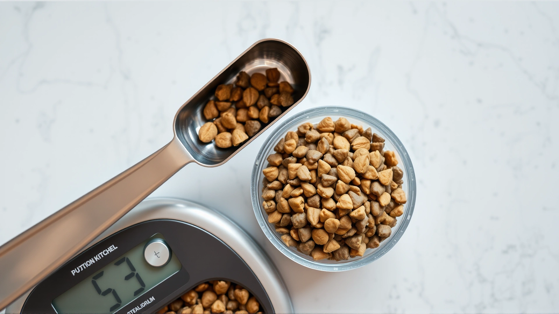 Overhead shot of a portion-controlled amount of dry cat food measured with a stainless-steel scoop beside a digital kitchen scale.