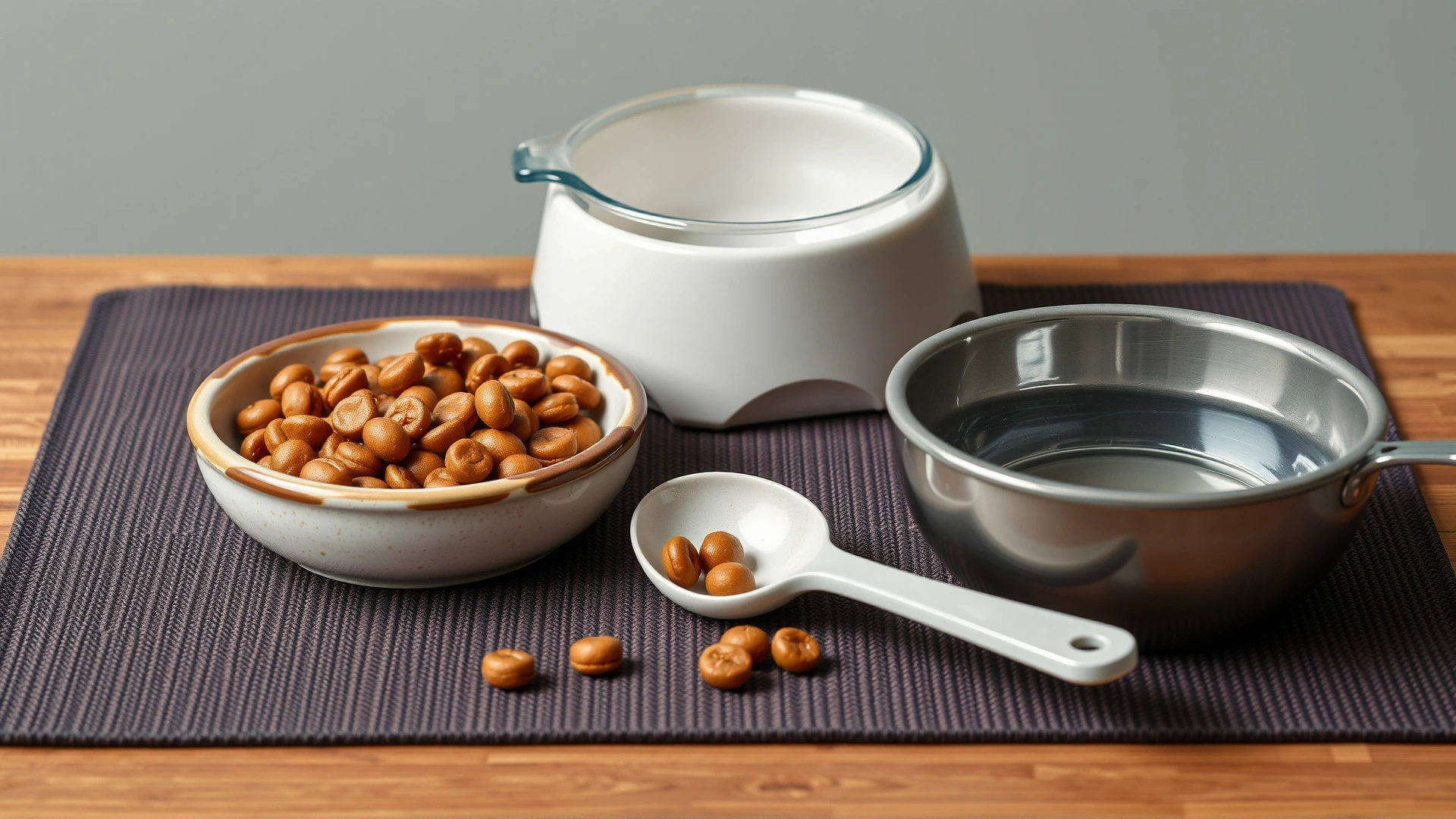 Small frequent-meal setup: shallow ceramic dish with easily digestible wet cat food, next to a measuring spoon and fresh water bowl on a clean placemat