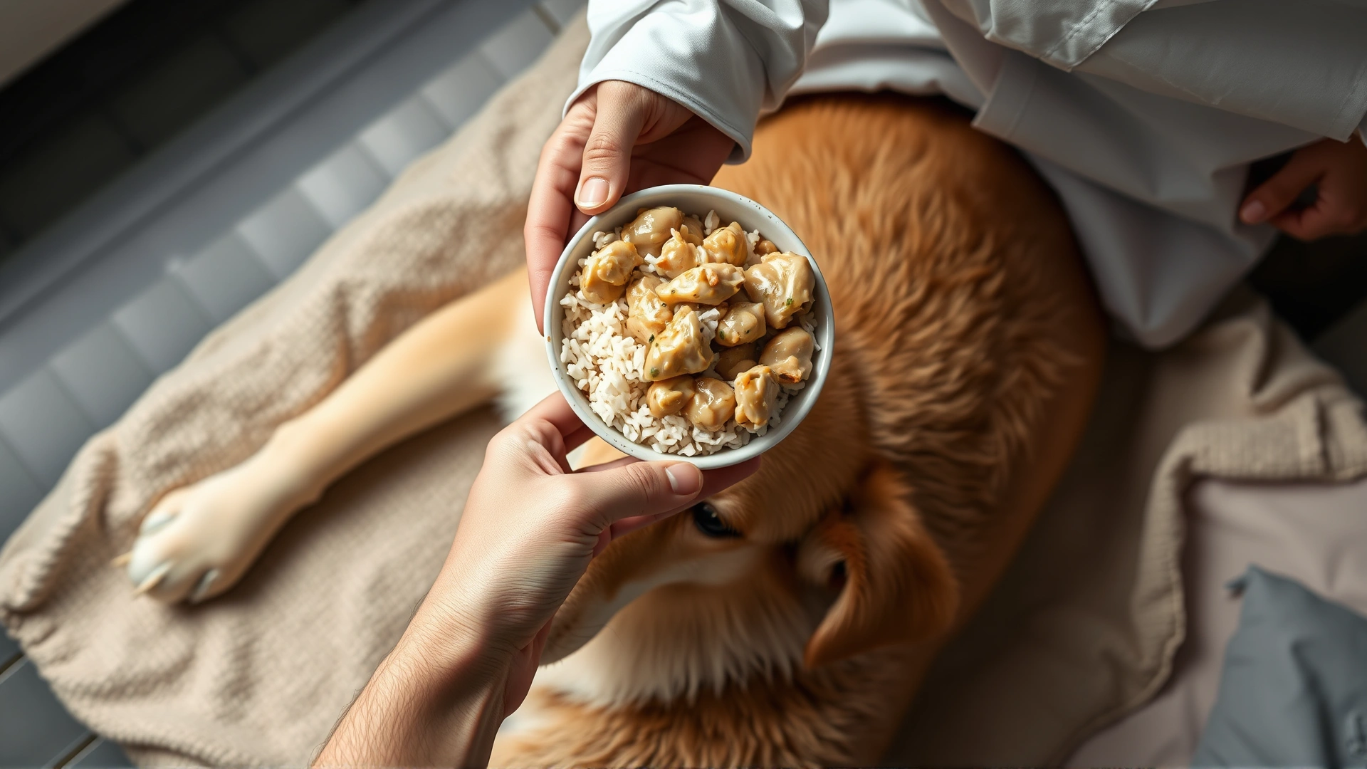 Overhead shot of a person offering a small bowl of boiled chicken and rice to a recovering dog laying on a soft mat.