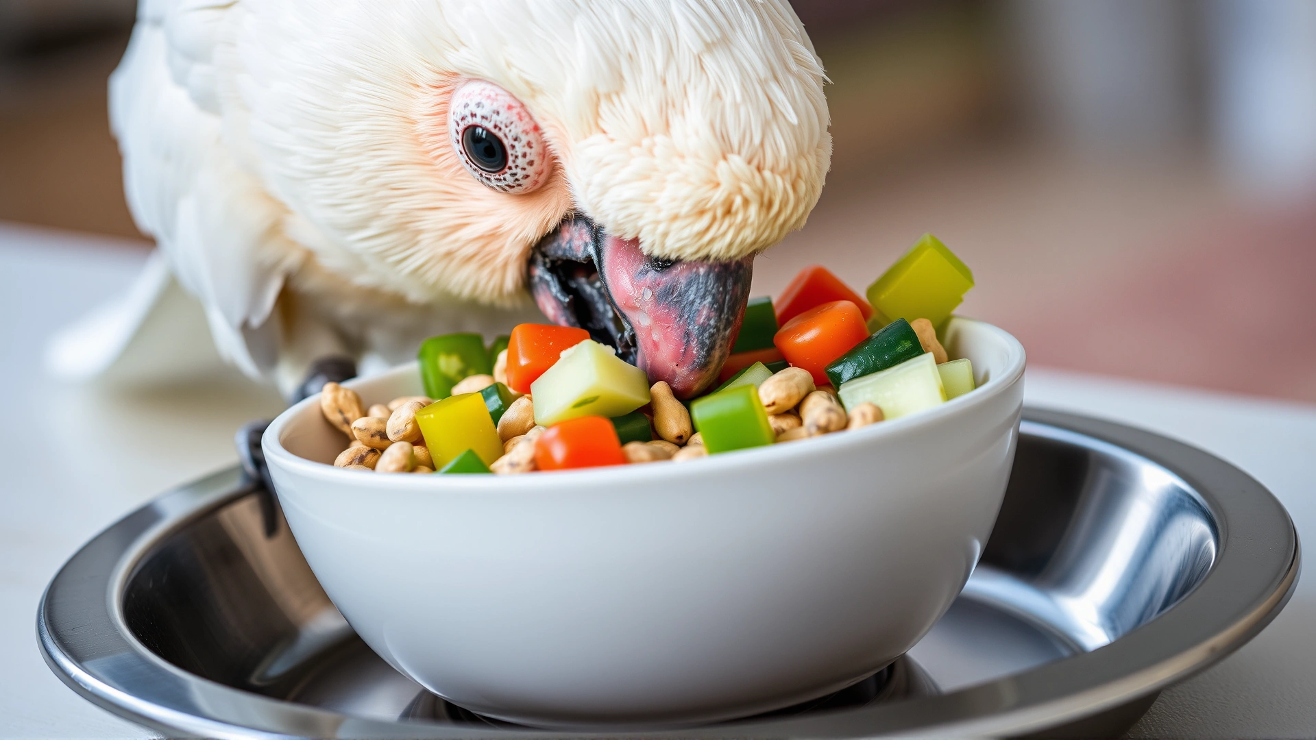 Close-up of a cockatoo eating a bowl of mixed fresh vegetables and high-quality pellets placed on a stainless steel feeding dish.