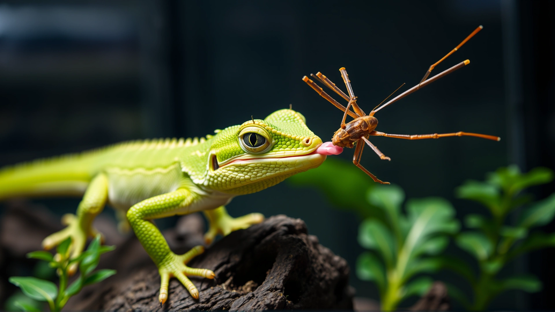 Green anole lizard capturing a cricket with its tongue extended inside a vivarium, action shot frozen mid-catch.