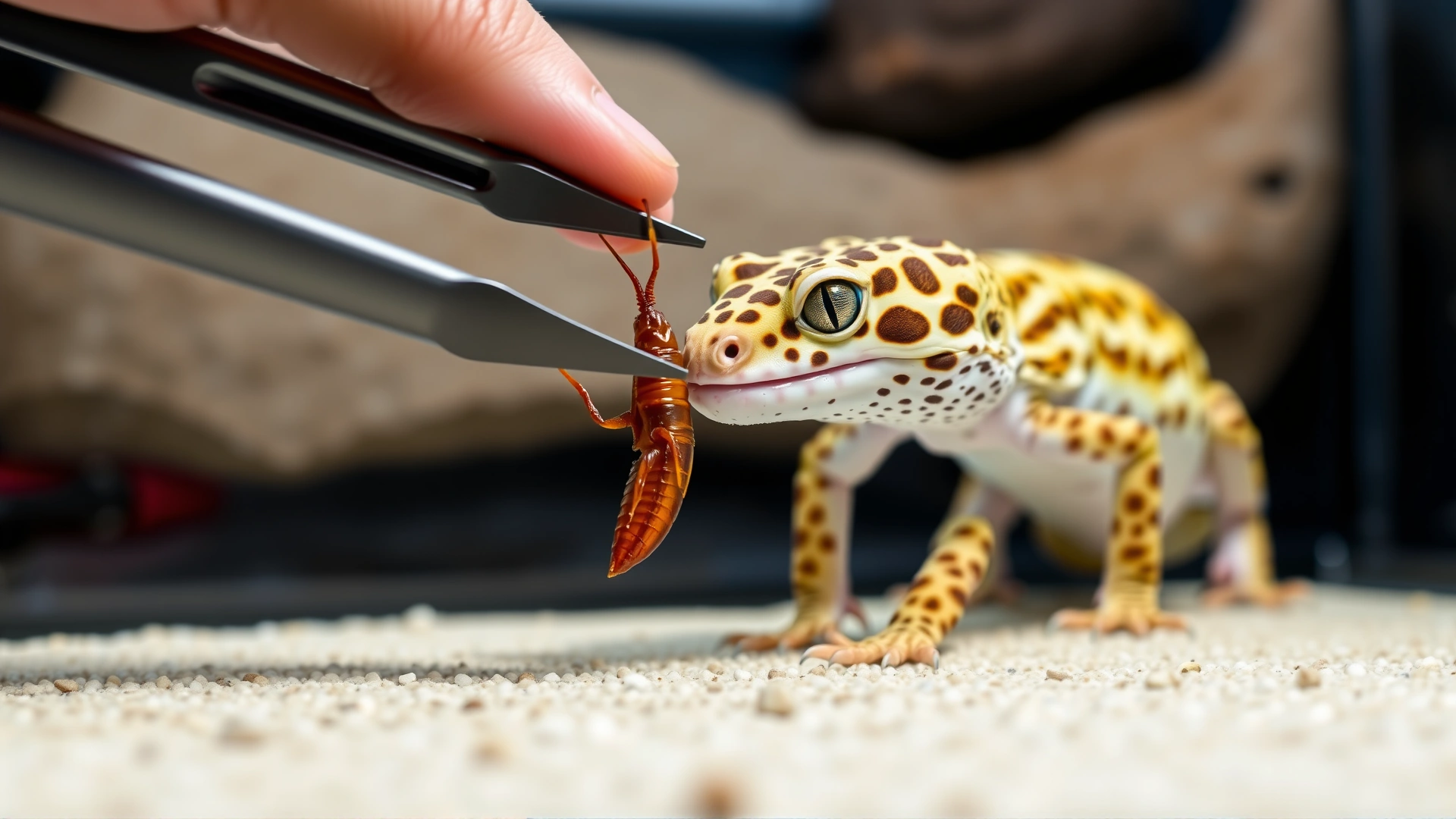 Close-up of a hand holding feeding tongs offering a live cricket to a leopard gecko inside its enclosure, demonstrating proper feeding technique.