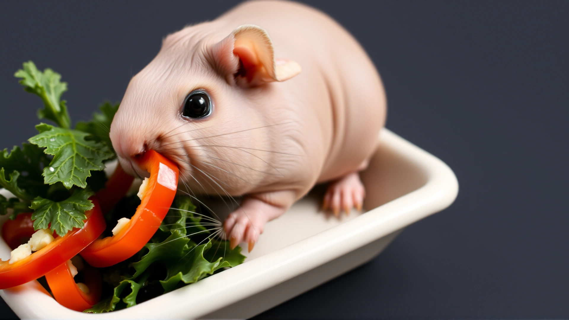 Hairless guinea pig munching on fresh leafy greens and bell-pepper slices in a small ceramic dish.