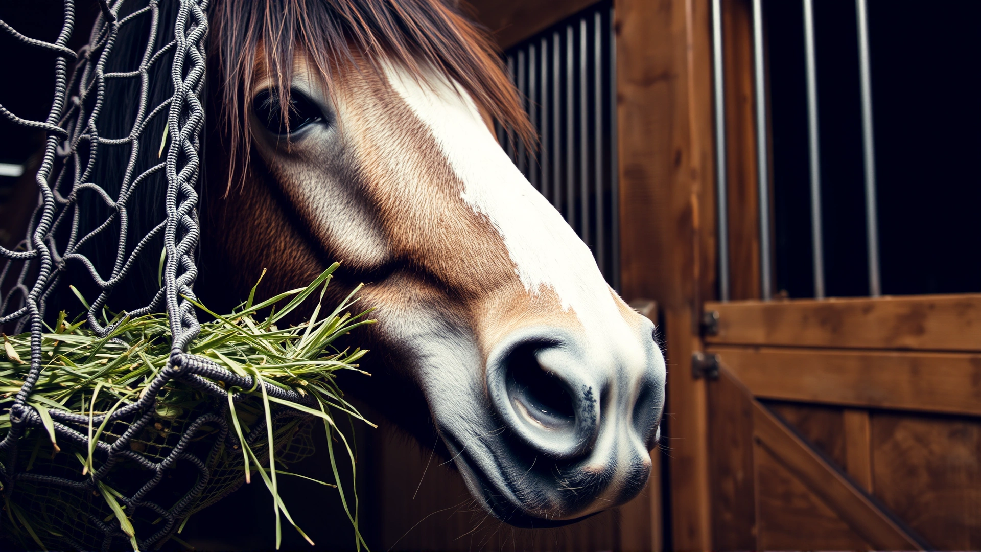 Close-up of an Irish Cob eating fresh hay from a slow-feeder net inside a clean stable. The horse's feathering and broad head should be visible.