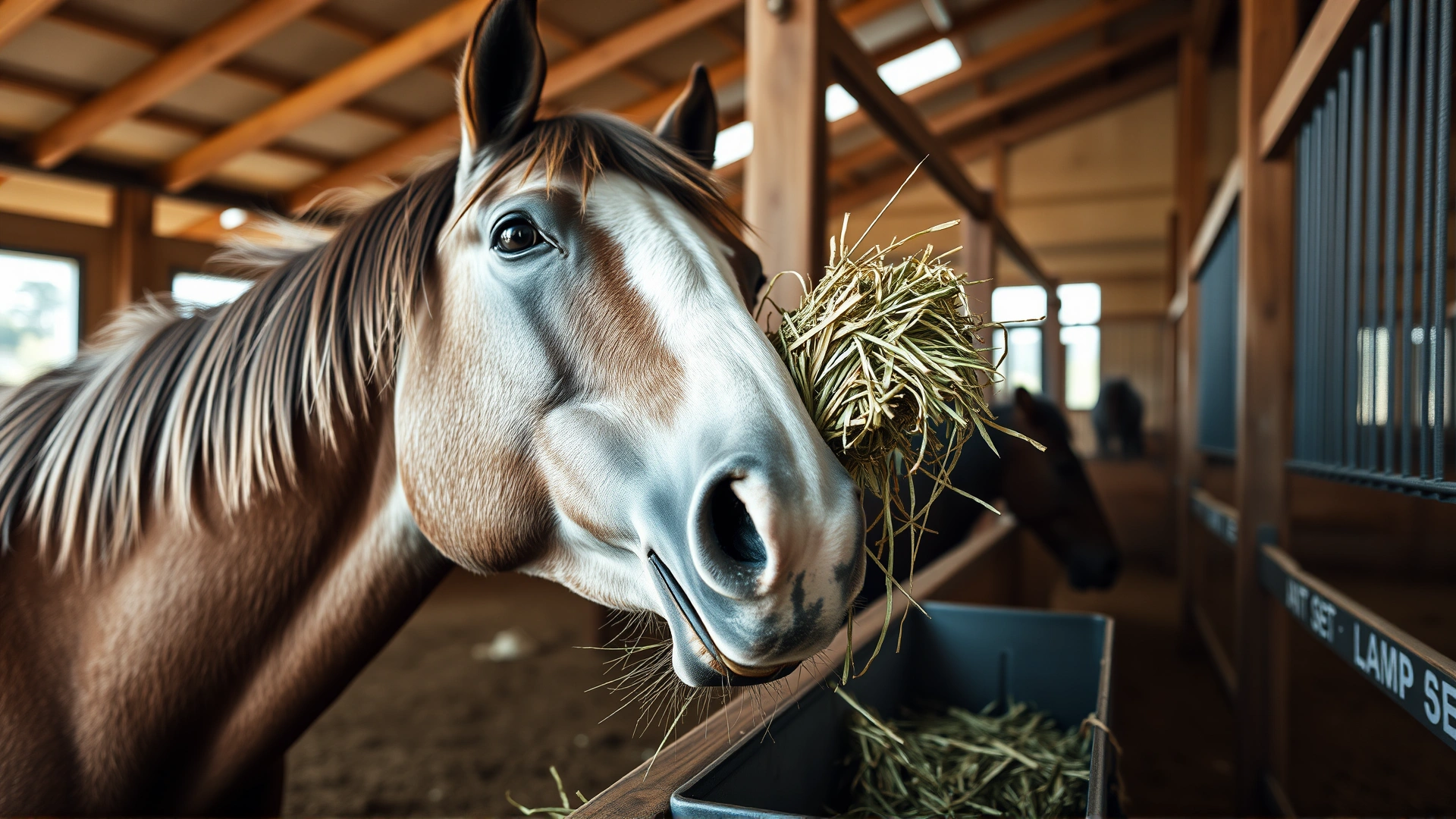 Close-up of a horse eating high-quality hay from a clean feeder inside a stable, symbolizing proper nutrition