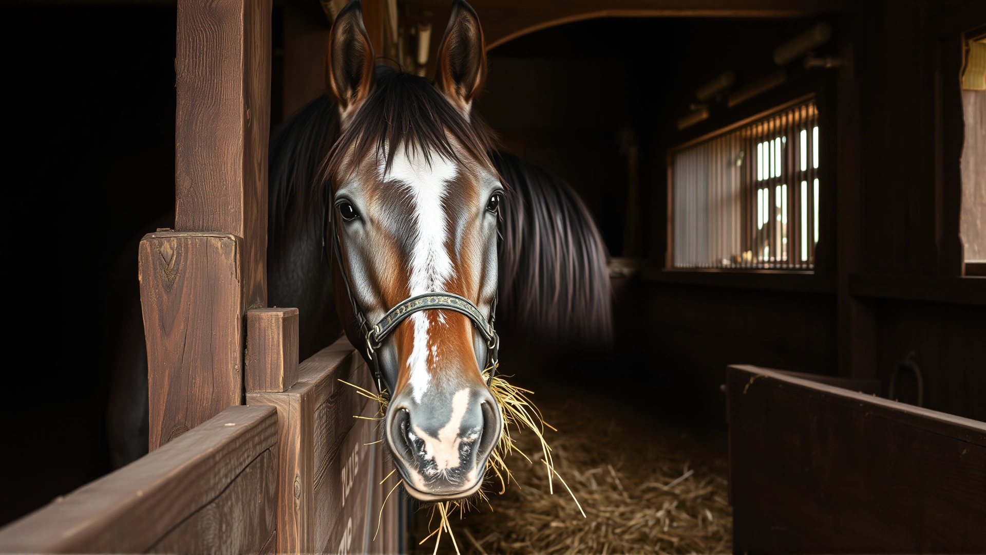 French Ardennais horse eating hay from a wooden manger inside a well-lit stable, straw bedding visible, no text