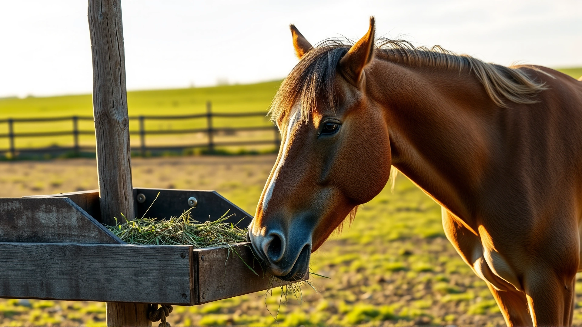 Gelderland horse lowering its head to eat fresh hay from a rustic wooden feeder in an open paddock, morning light.