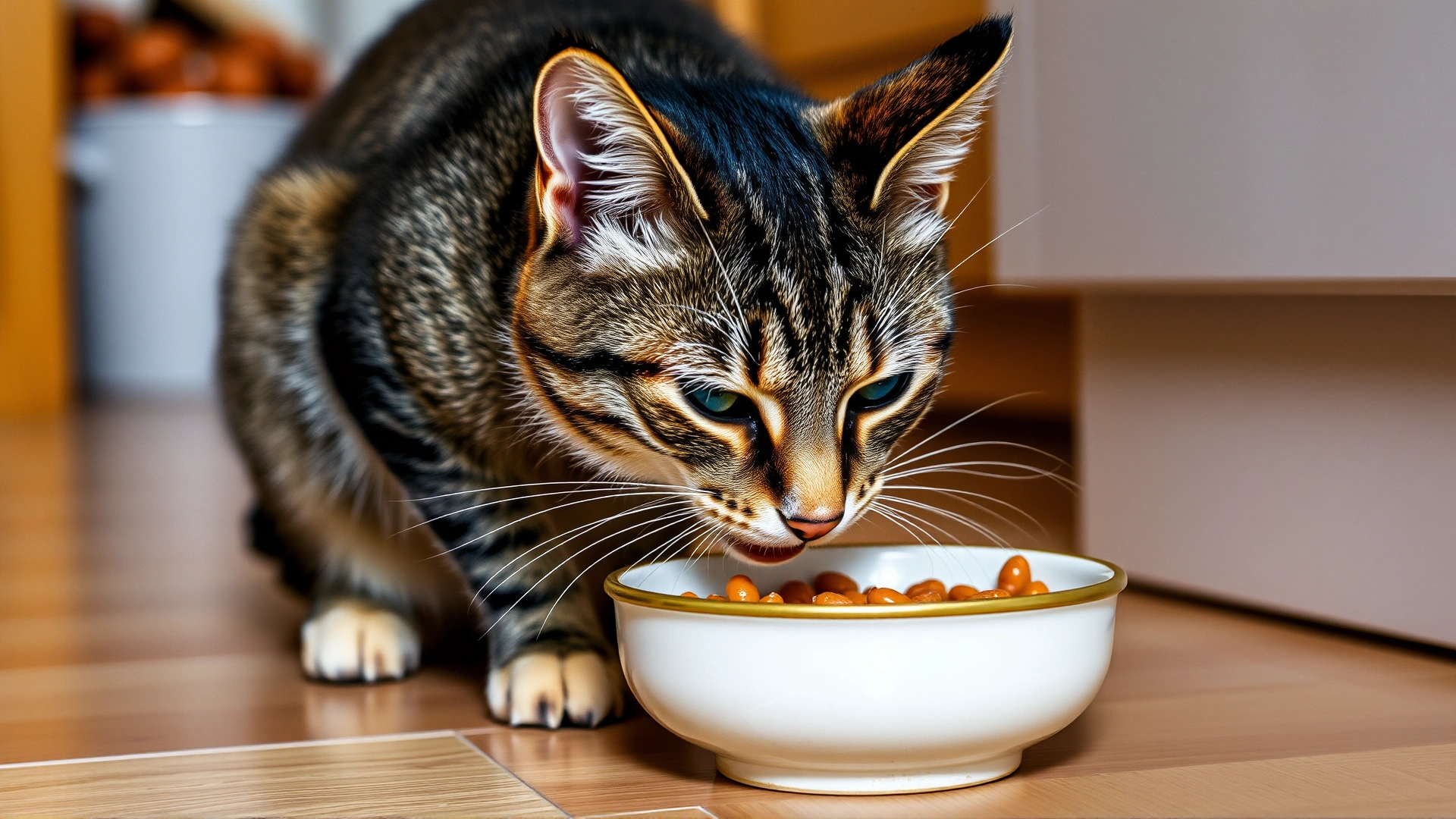Domestic short-hair cat eating soft canned food from a ceramic bowl on a kitchen floor, shallow depth of field