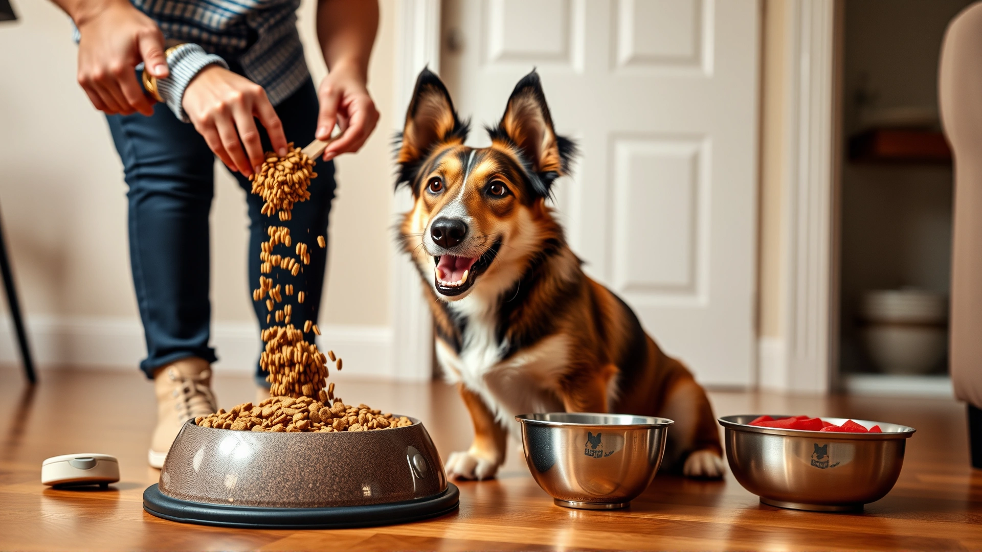 Owner mixing dry kibble and wet food in a dog bowl while the dog watches excitedly, warm indoor lighting