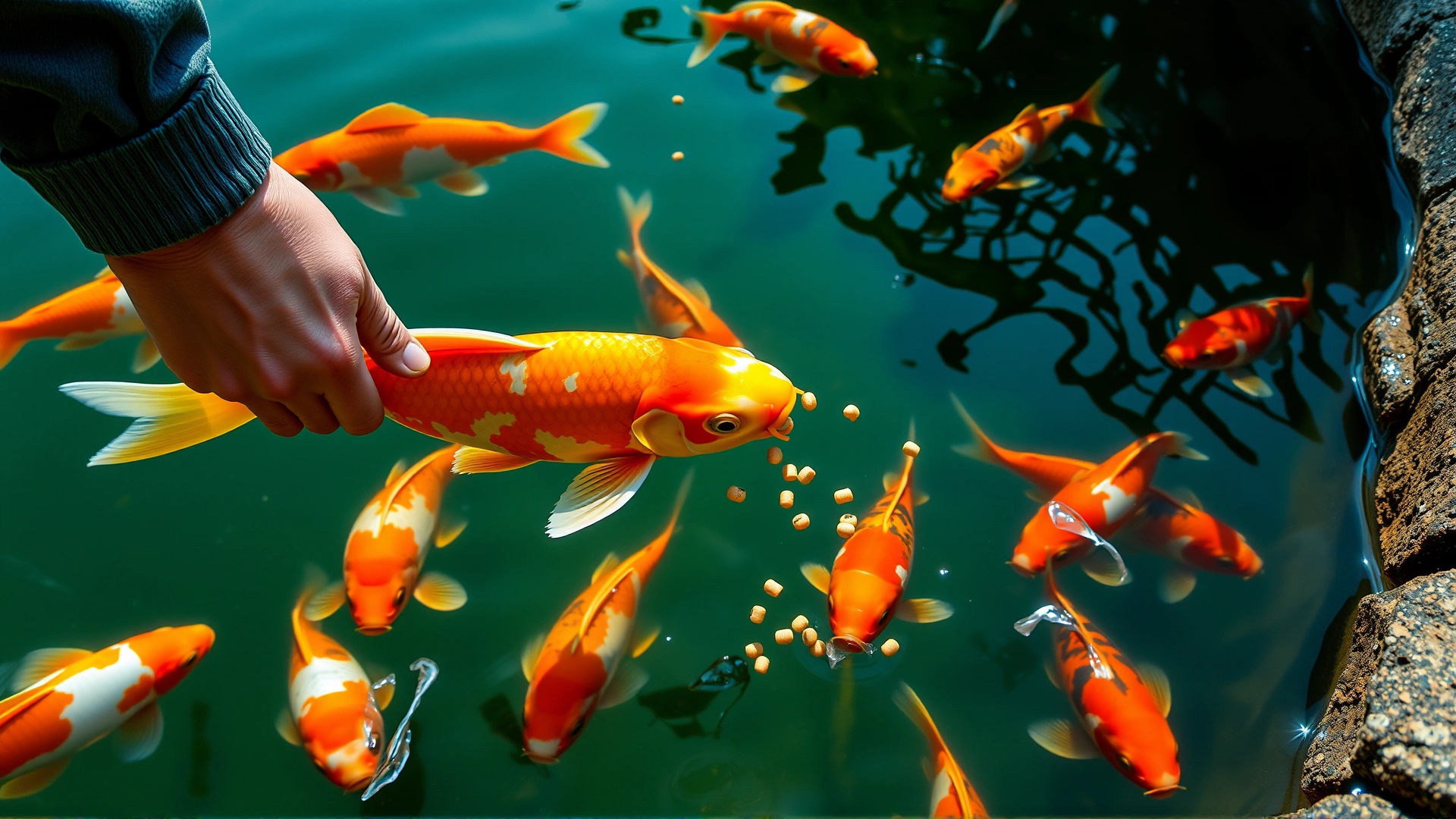 Hand feeding koi fish at the pond edge, showing fish eagerly gathering around floating pellets.
