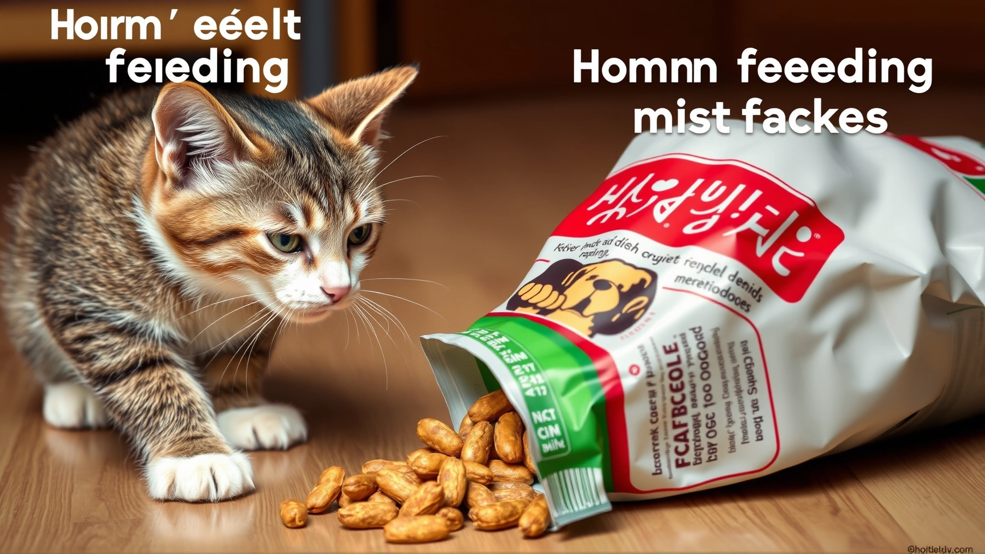 Humorous scene with a curious cat sniffing an open bag of dog food, illustrating common feeding mistakes.
