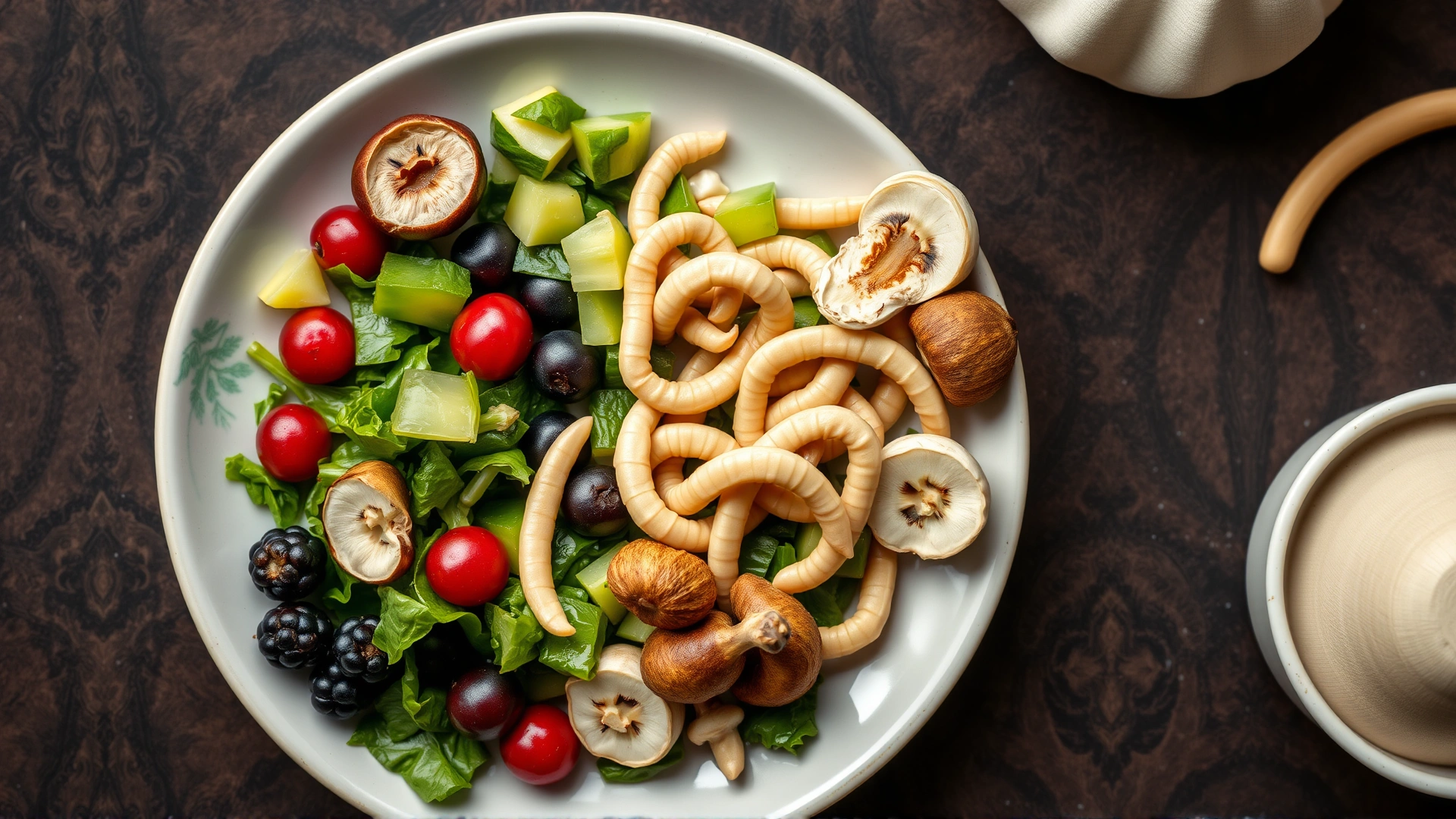 Top-down view of a feeding plate containing chopped leafy greens, berries, mushrooms, and mealworms arranged attractively.