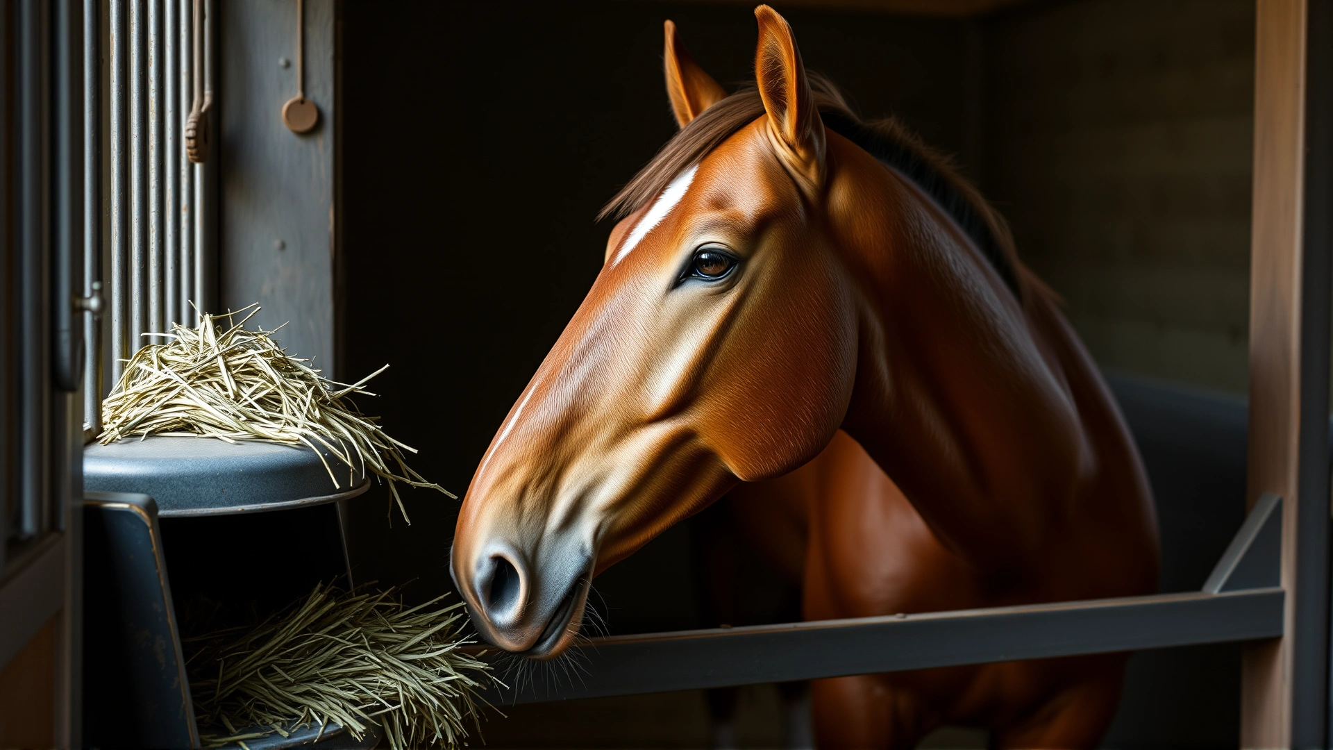 A bay horse eating fresh hay from a feeder inside a clean stall, natural barn lighting, no text
