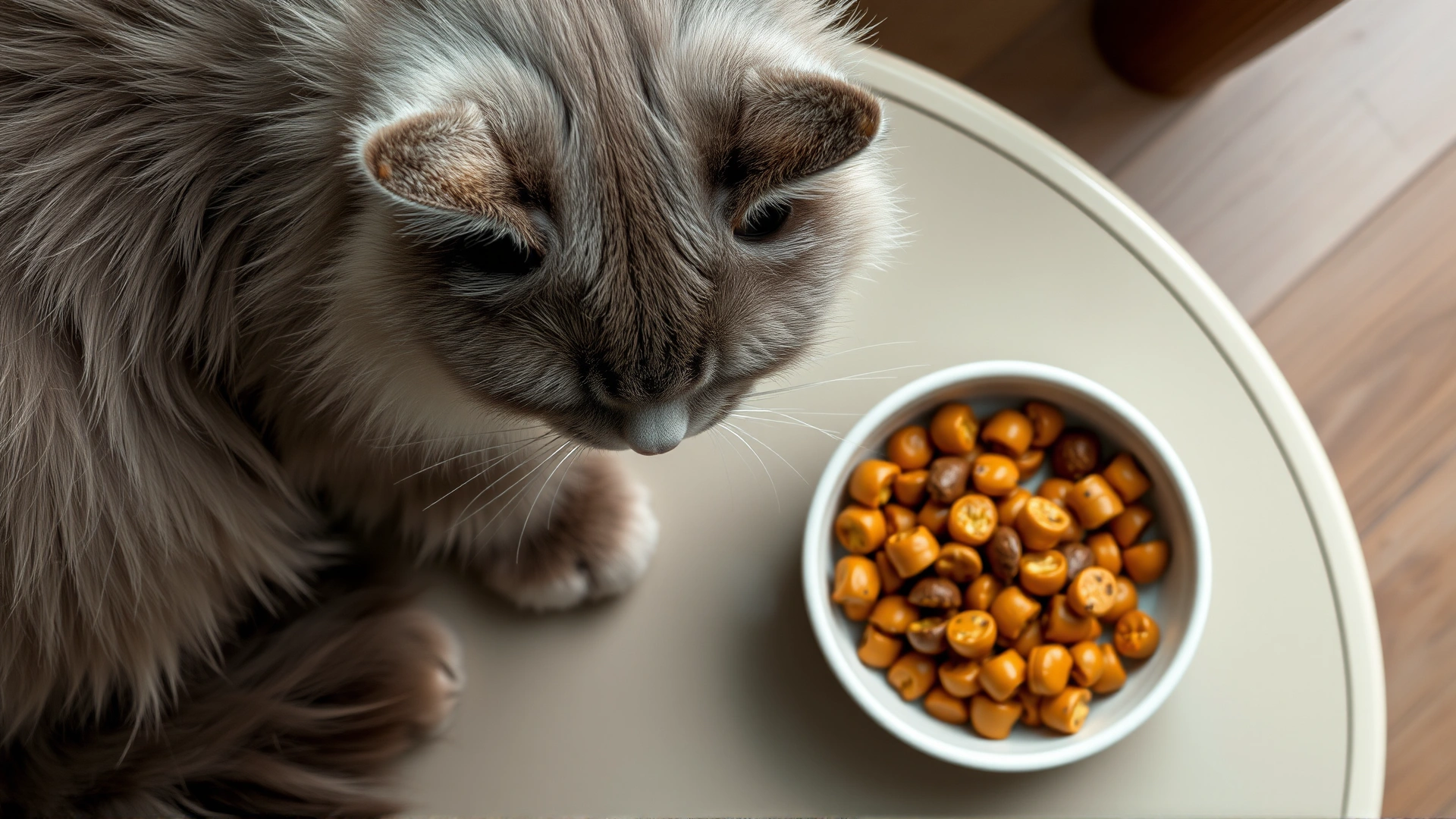 Top-down image of a Nebelung cat eating high-quality kibble from a sleek ceramic bowl, with fresh water in a separate dish nearby.